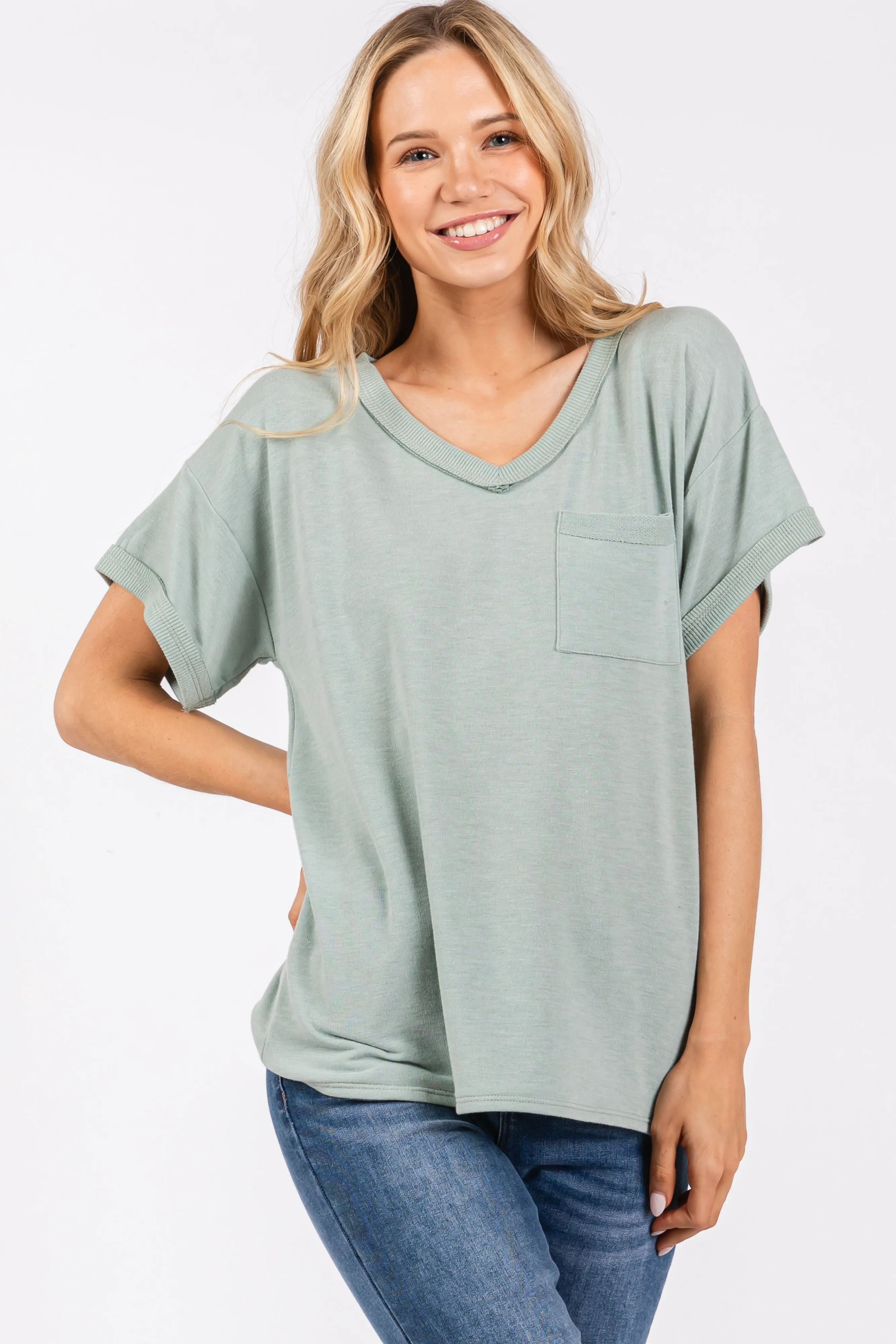Light Olive Front Pocket Short Sleeve Top sold by Pinkblush product image thumbnail 2