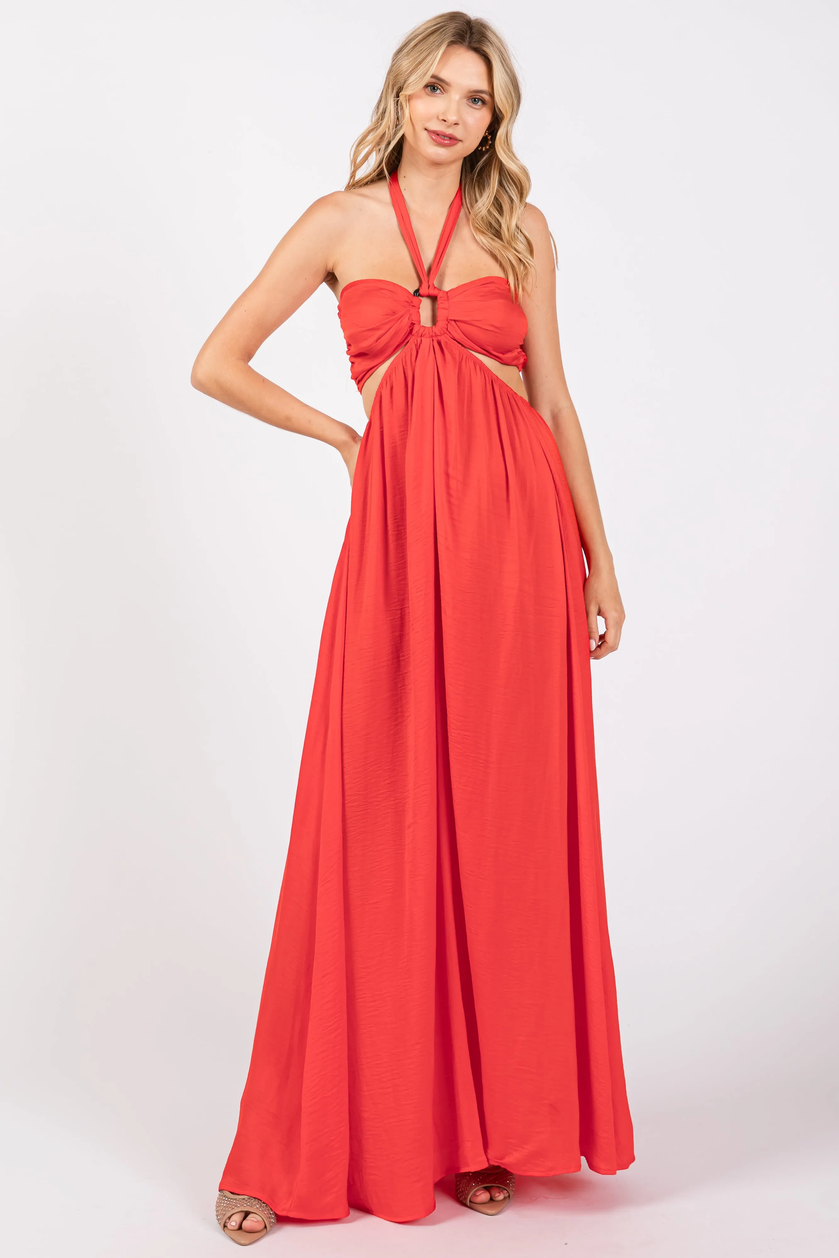 Red Halter Cutout Maxi Dress sold by Pinkblush