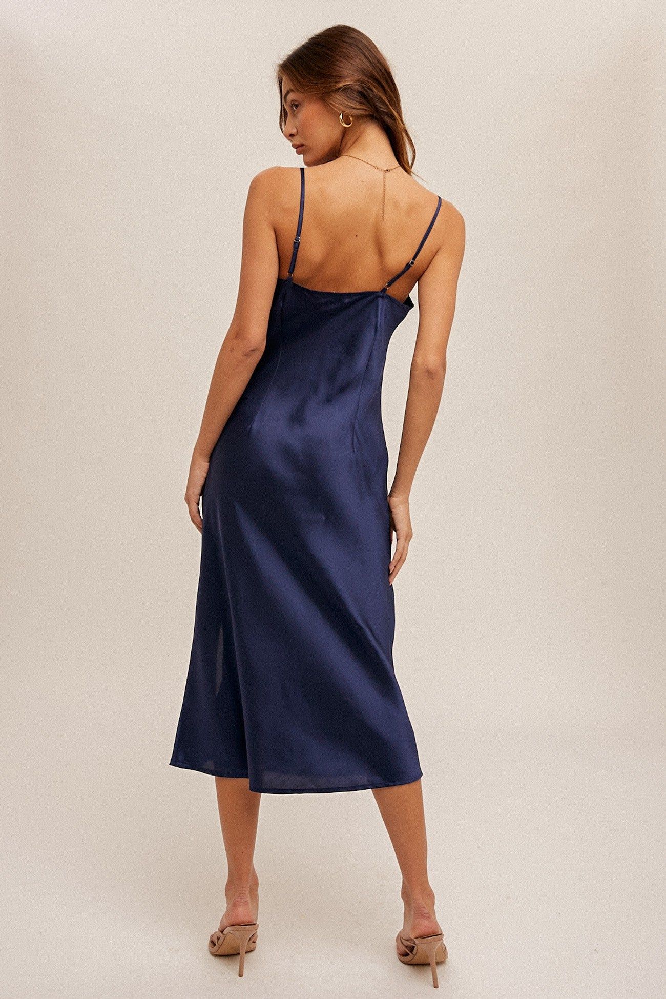 Navy Lace Trim V Neck Satin Midi Slip Dress sold by Pinkblush product image thumbnail 3