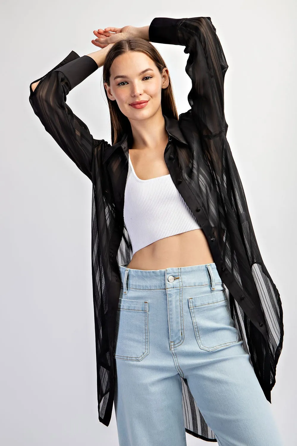 Black Sheer Stripe Button Down Blouse sold by Pinkblush