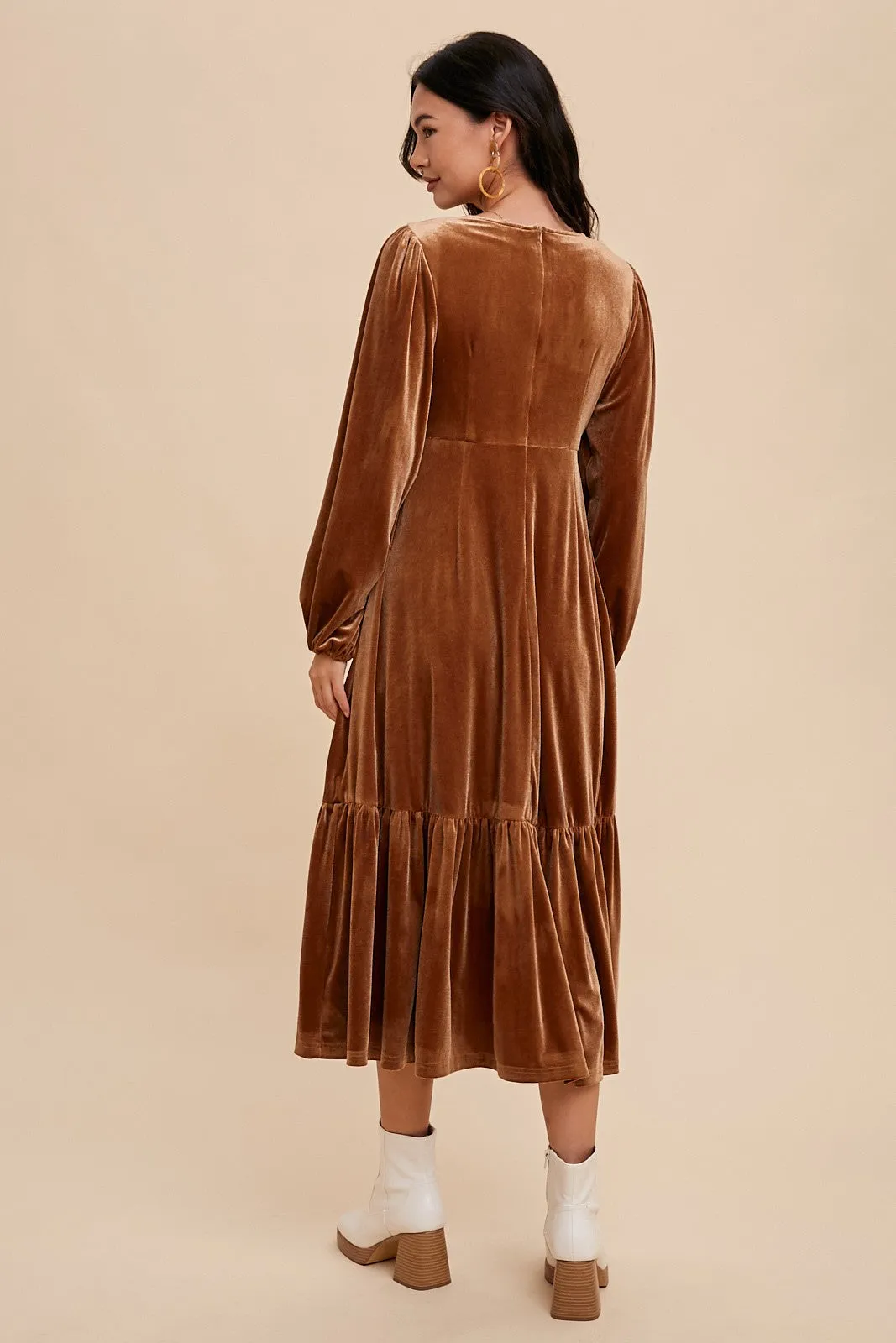Camel V-Neck Ruffle Hem Velvet Midi Dress sold by Pinkblush product image thumbnail 4