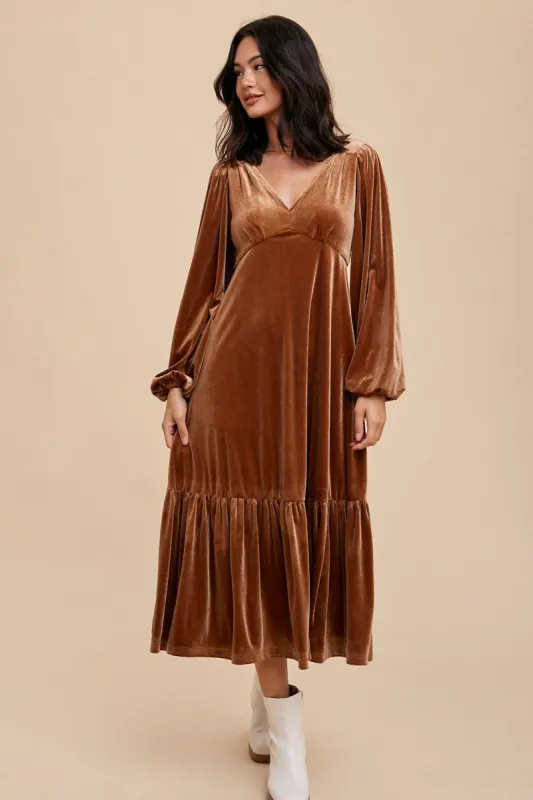 Camel V-Neck Ruffle Hem Velvet Midi Dress sold by Pinkblush
