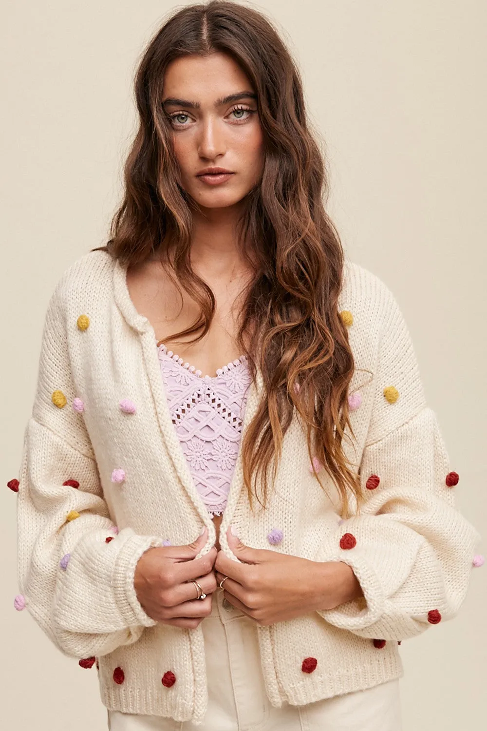 Beige PomPom Cardigan sold by Pinkblush