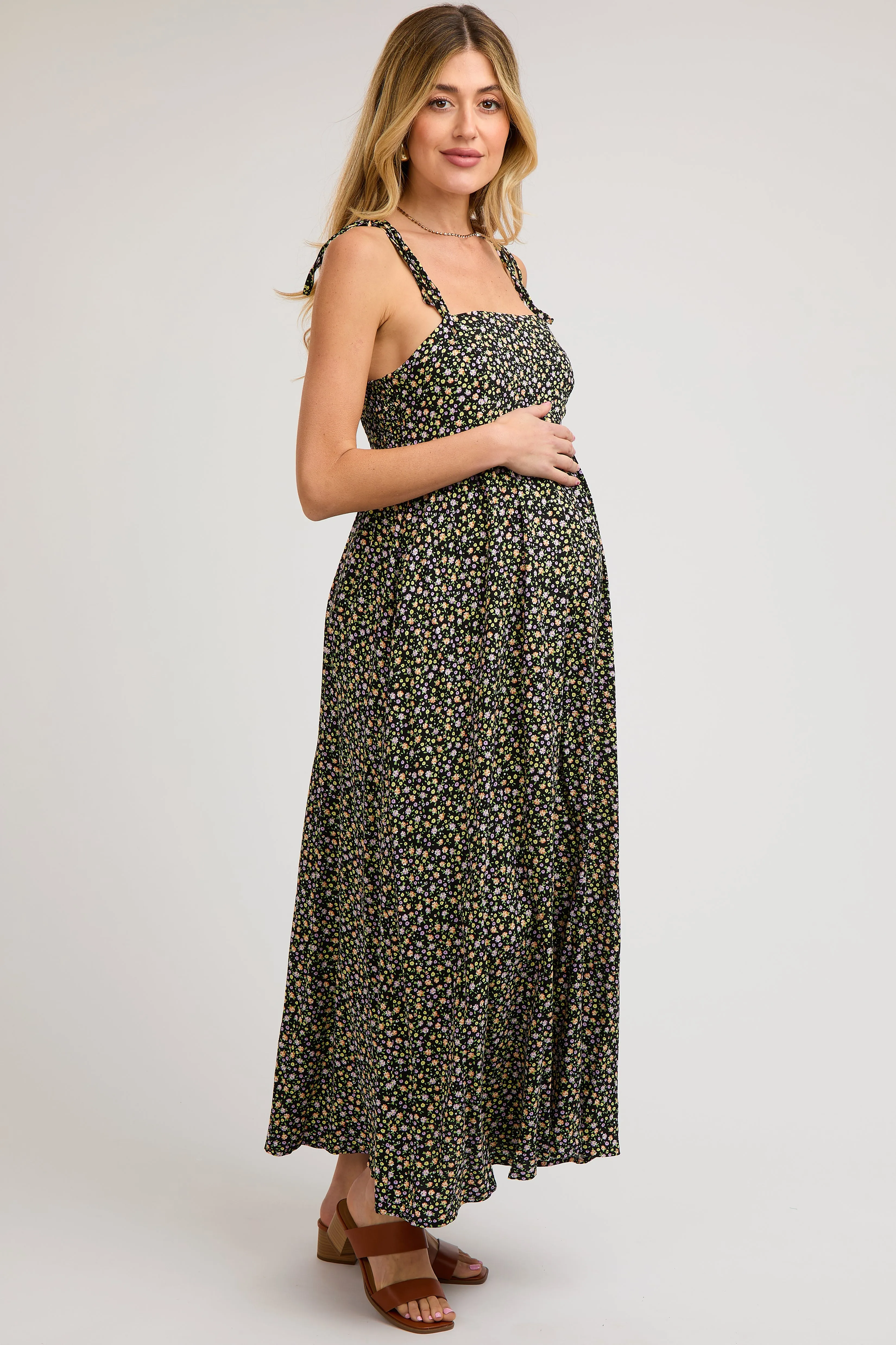 Black Floral Sleeveless Pocketed Maternity Maxi Dress sold by Pinkblush product image thumbnail 3