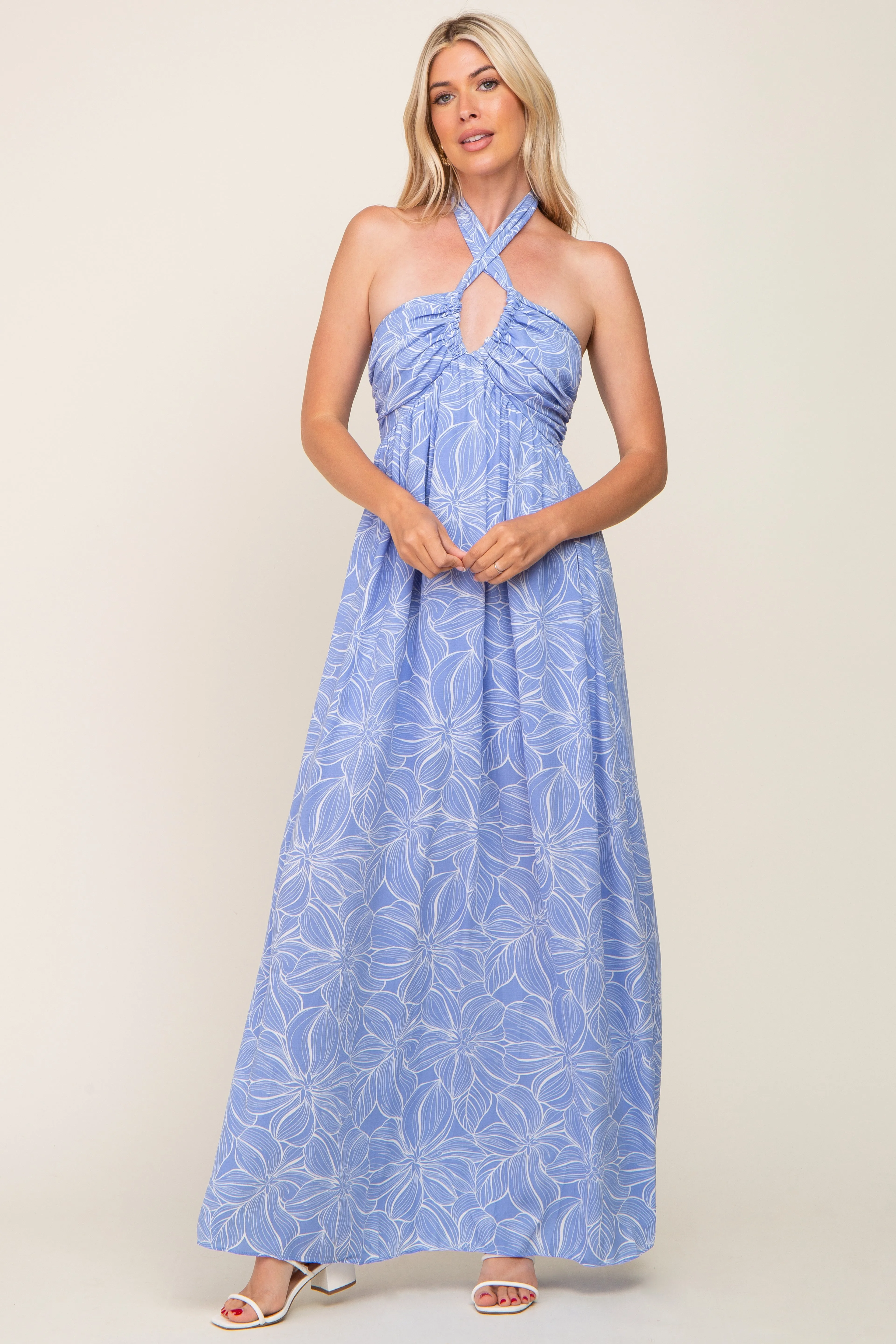 Blue Floral Halter Neck Maxi Dress sold by Pinkblush product image thumbnail 3