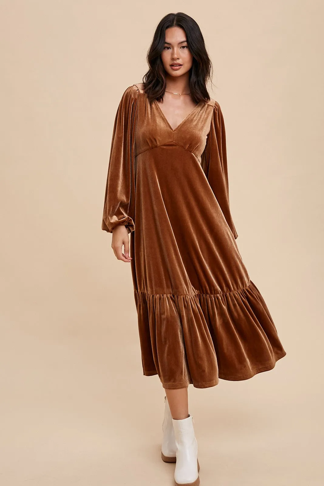 Camel V-Neck Ruffle Hem Velvet Midi Dress sold by Pinkblush product image thumbnail 2