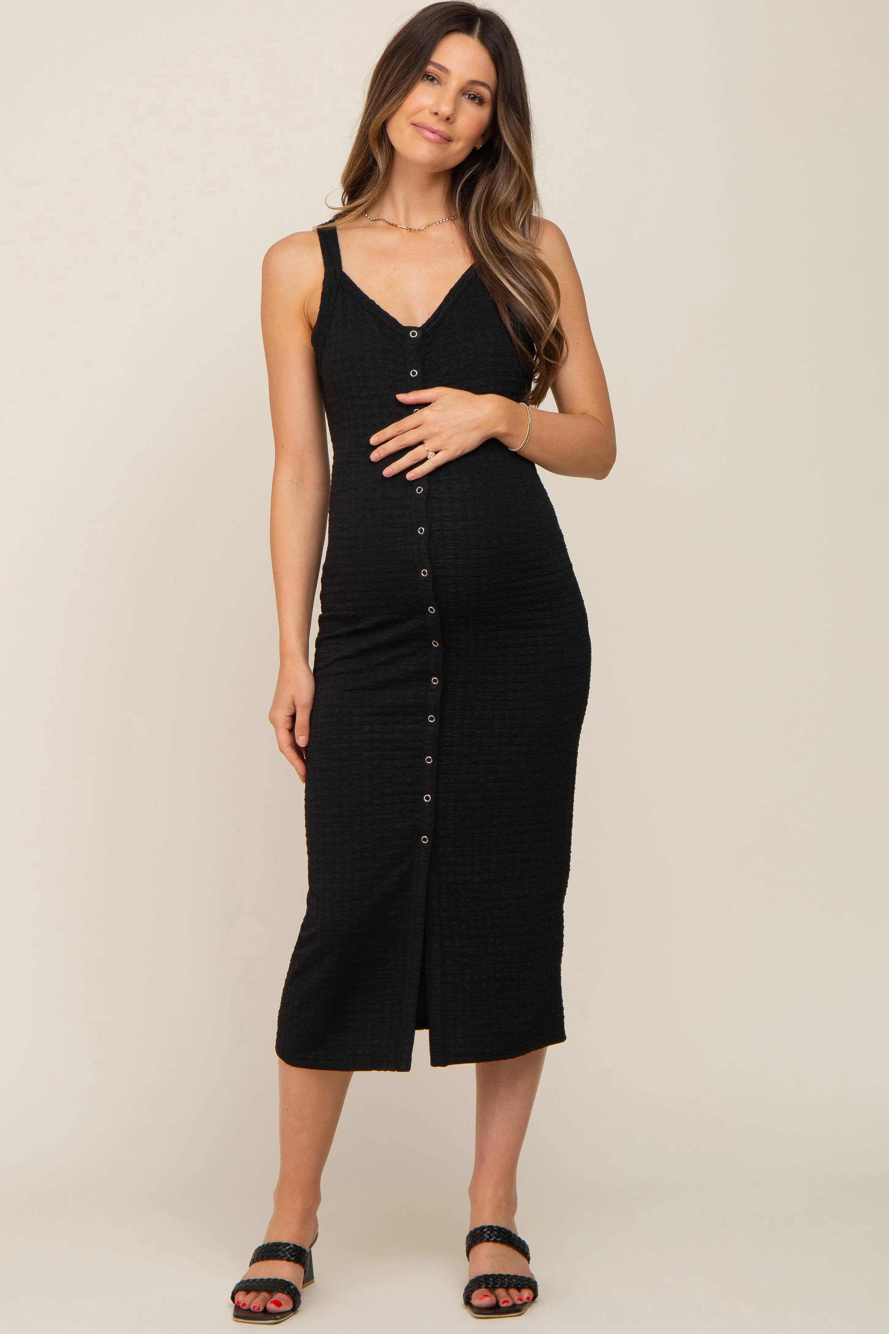 Black Waffle Knit Snap Front Button Maternity Midi Dress sold by Pinkblush product image thumbnail 4