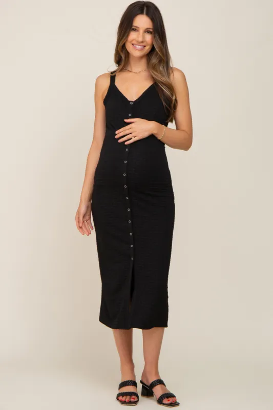 Black Waffle Knit Snap Front Button Maternity Midi Dress sold by Pinkblush