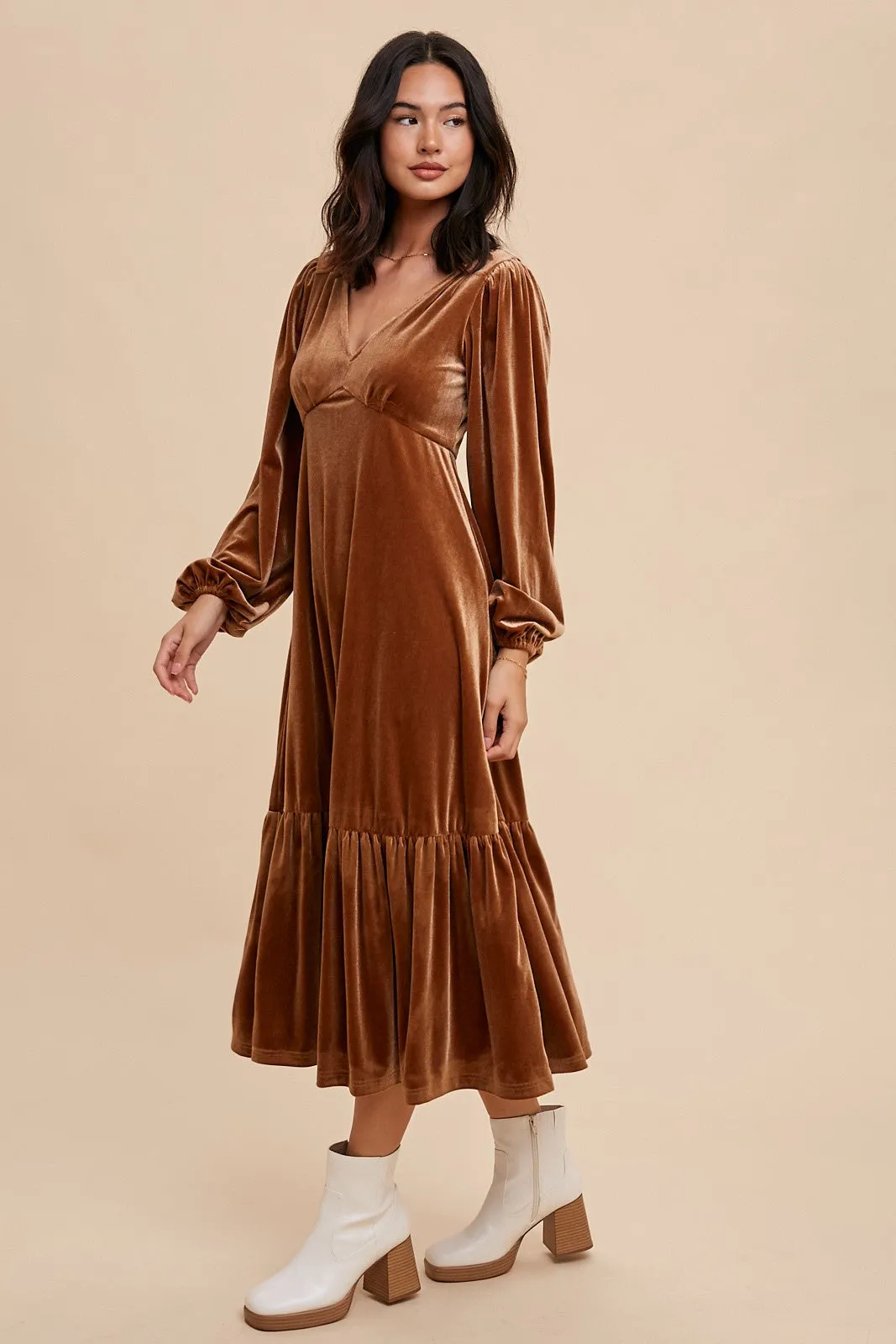 Camel V-Neck Ruffle Hem Velvet Midi Dress sold by Pinkblush product image thumbnail 3