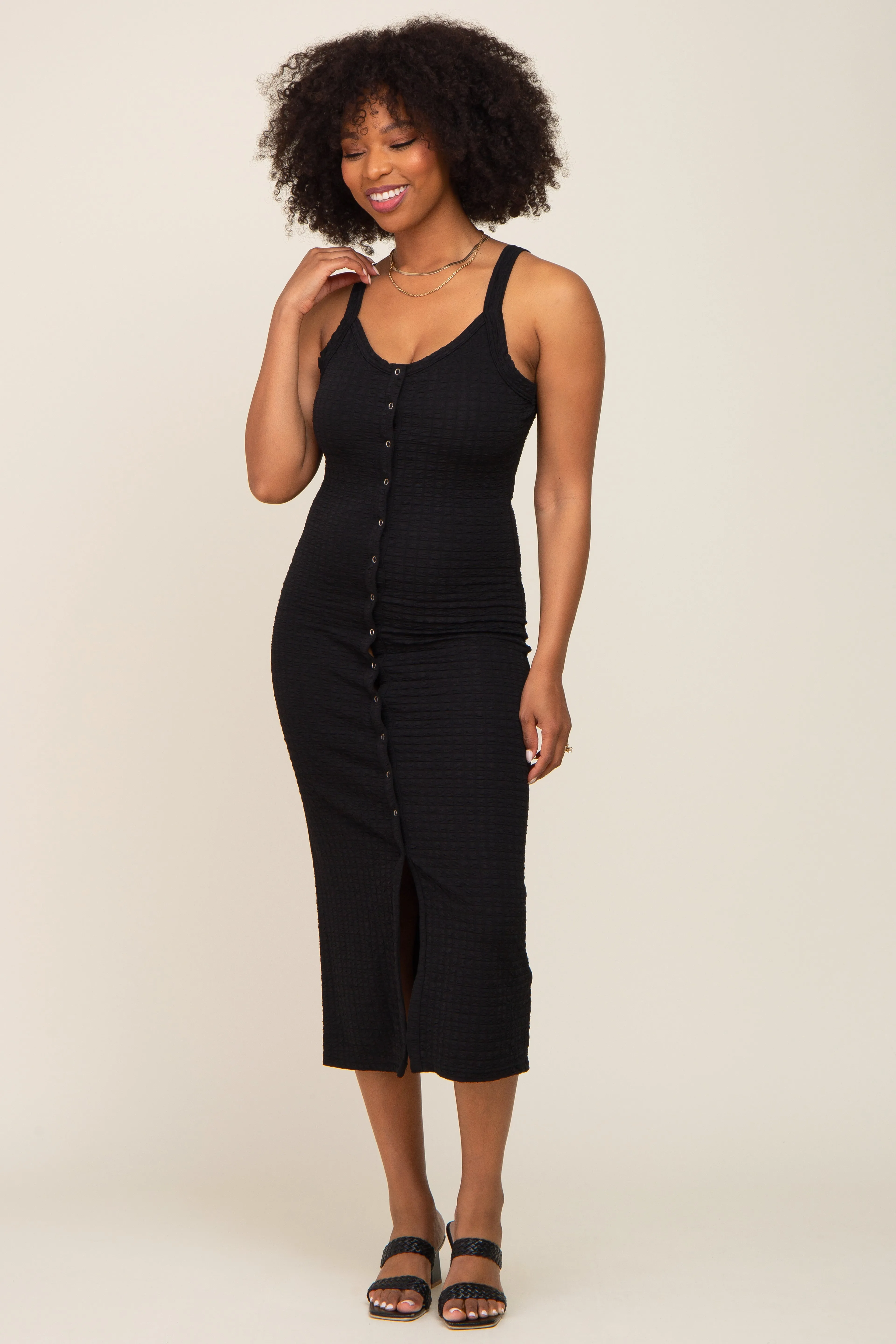 Black Waffle Knit Snap Front Button Maternity Midi Dress sold by Pinkblush product image thumbnail 5