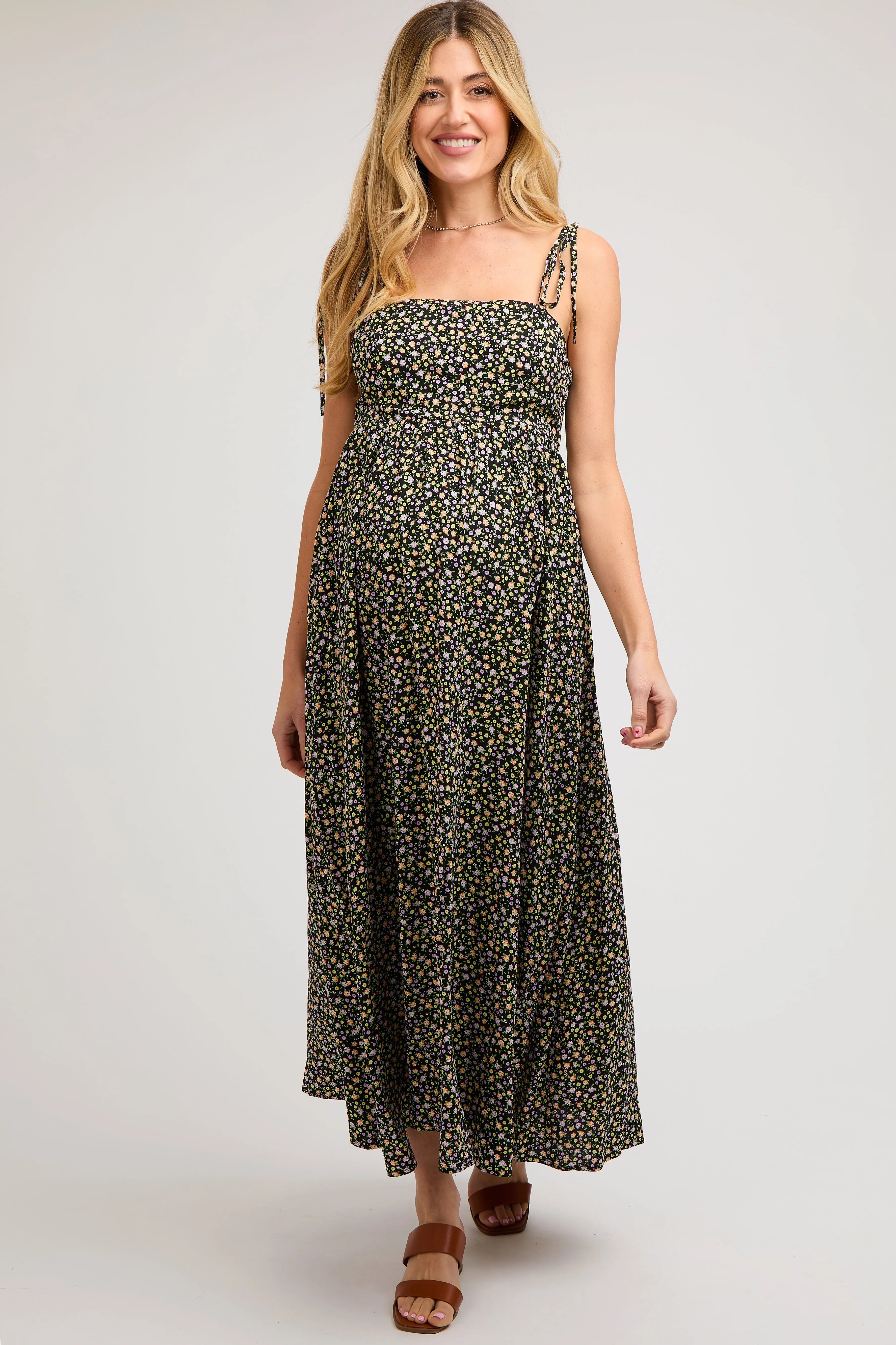 Black Floral Sleeveless Pocketed Maternity Maxi Dress sold by Pinkblush product image thumbnail 2