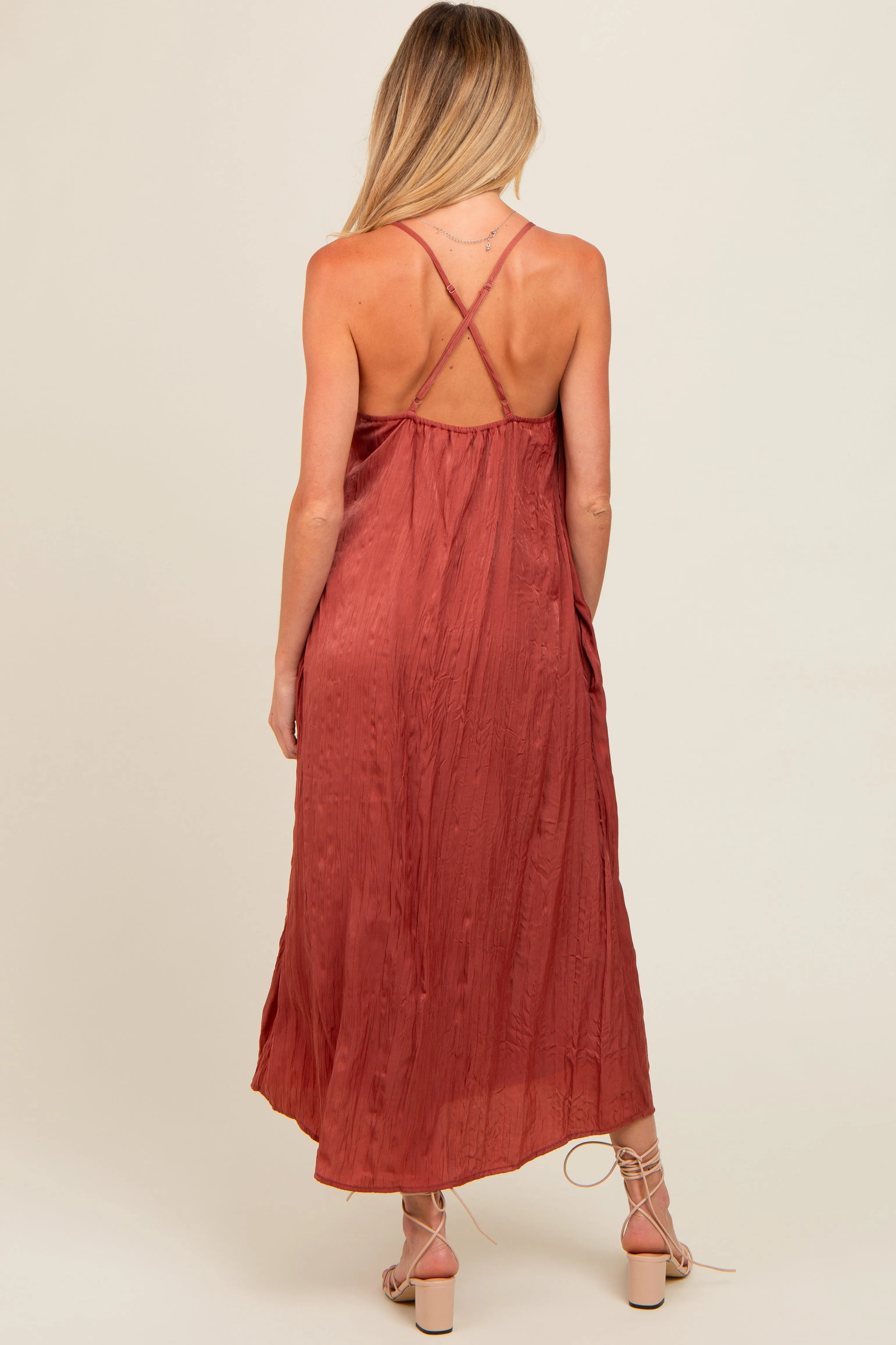 Rust Crinkle V-Neck Cross Back Maternity Midi Dress sold by Pinkblush product image thumbnail 3