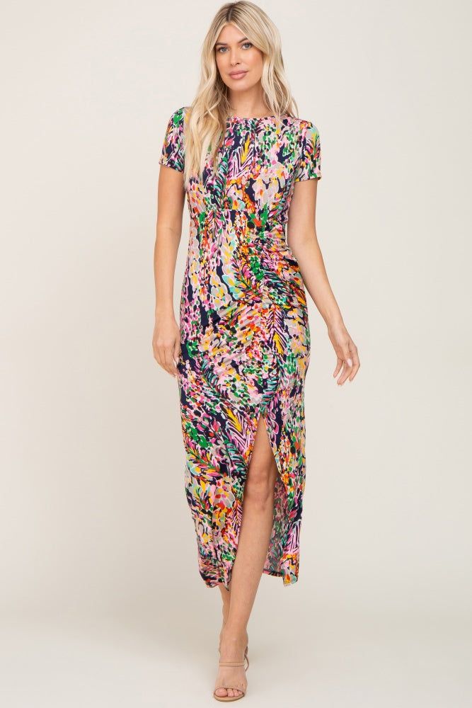 Navy Multi-Color Floral Side Slit Maxi Dress sold by Pinkblush