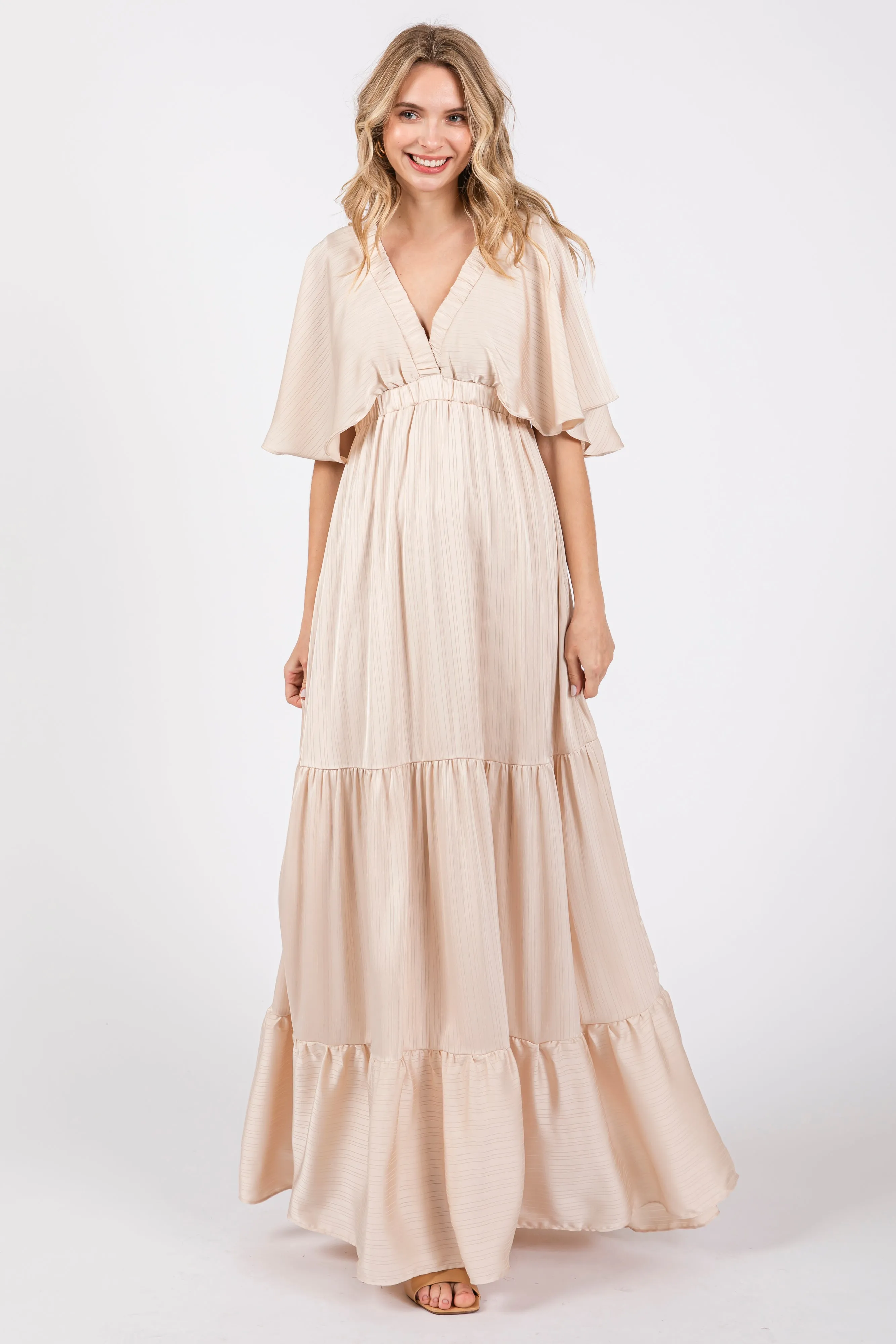 Beige V-Neck Flutter Sleeve Tiered Maxi Dress sold by Pinkblush