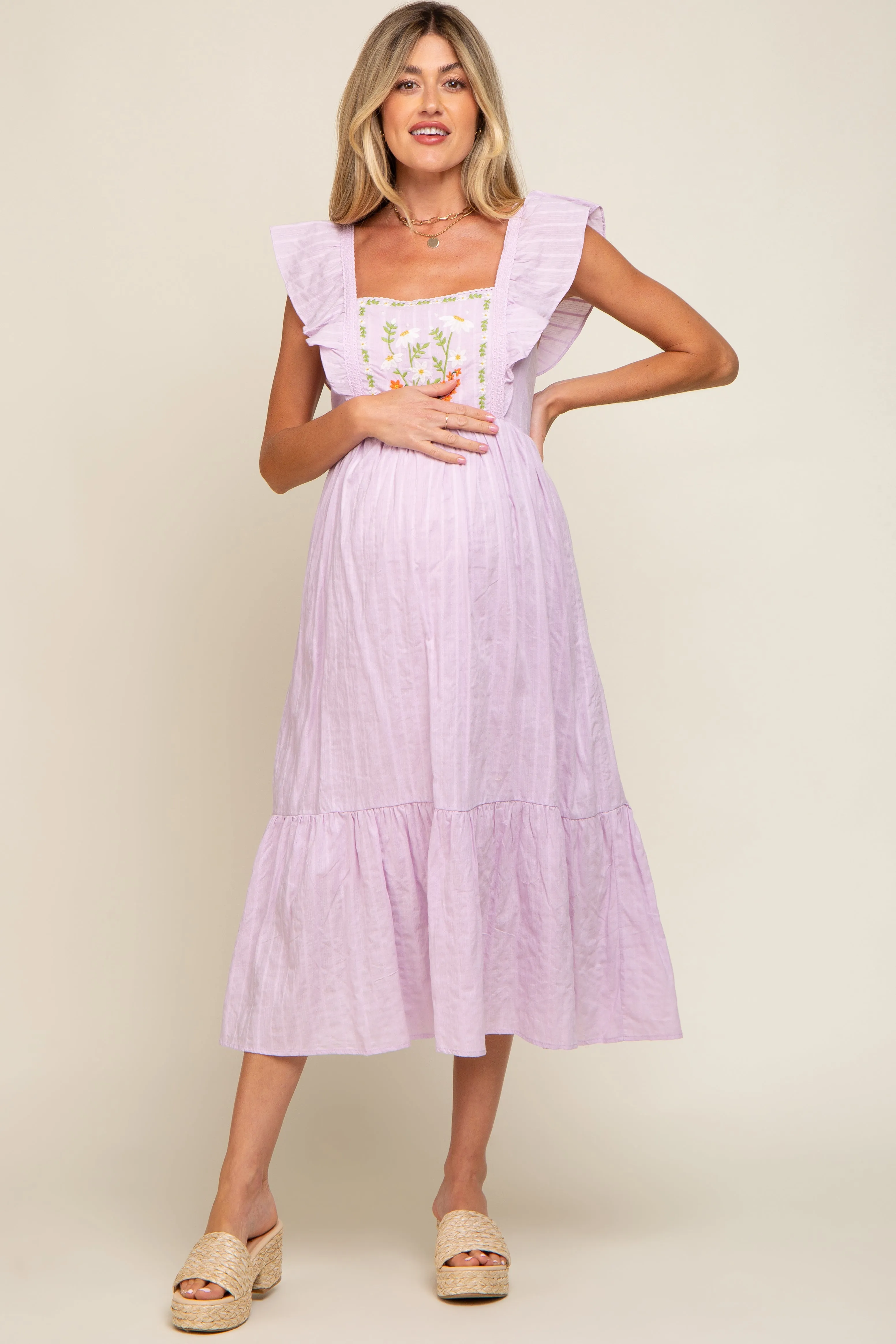 Lavender Floral Embroidered Tie Back Maternity Midi Dress sold by Pinkblush product image thumbnail 5