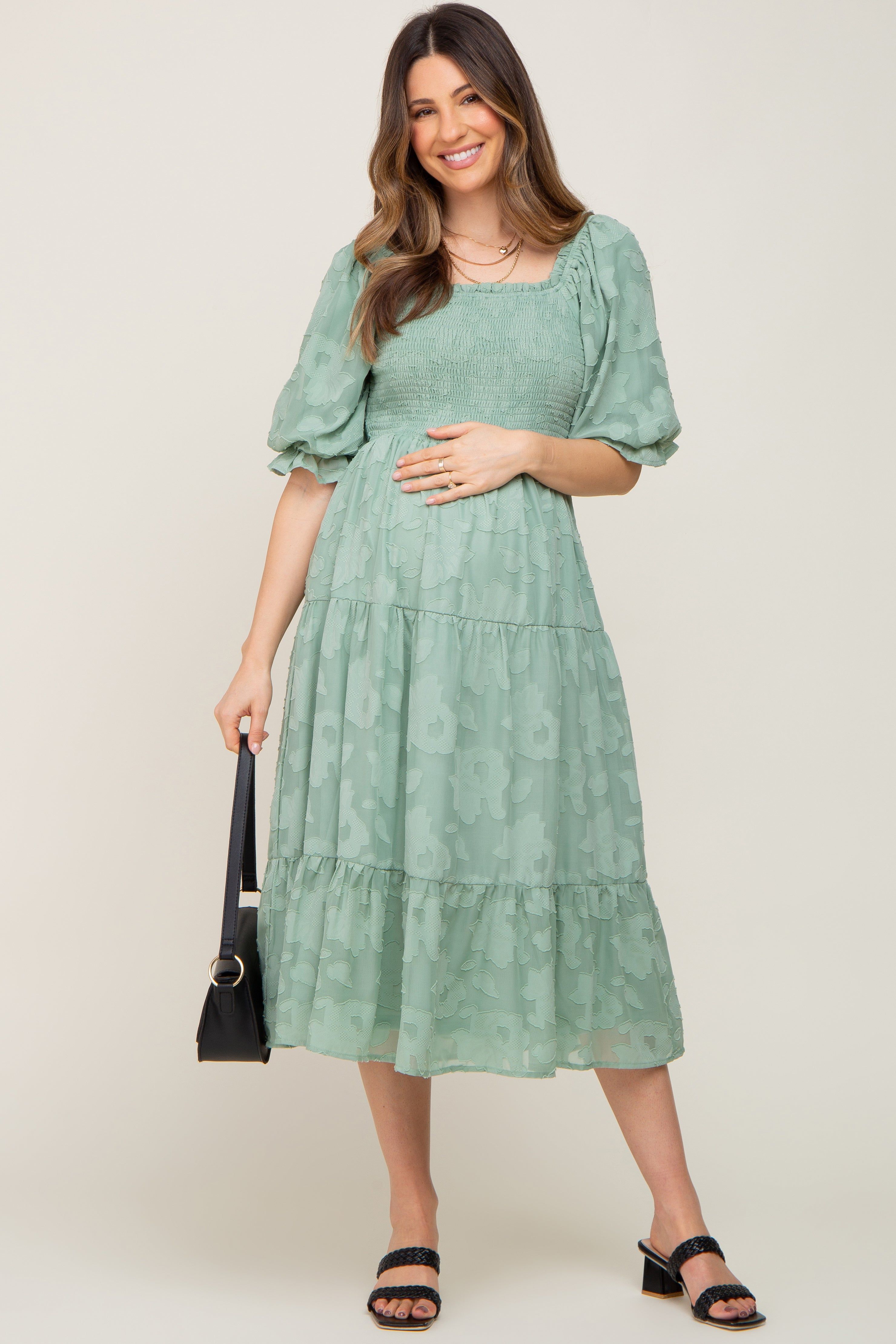 Sage Floral Textured Tiered Maternity Midi Dress sold by Pinkblush product image thumbnail 4