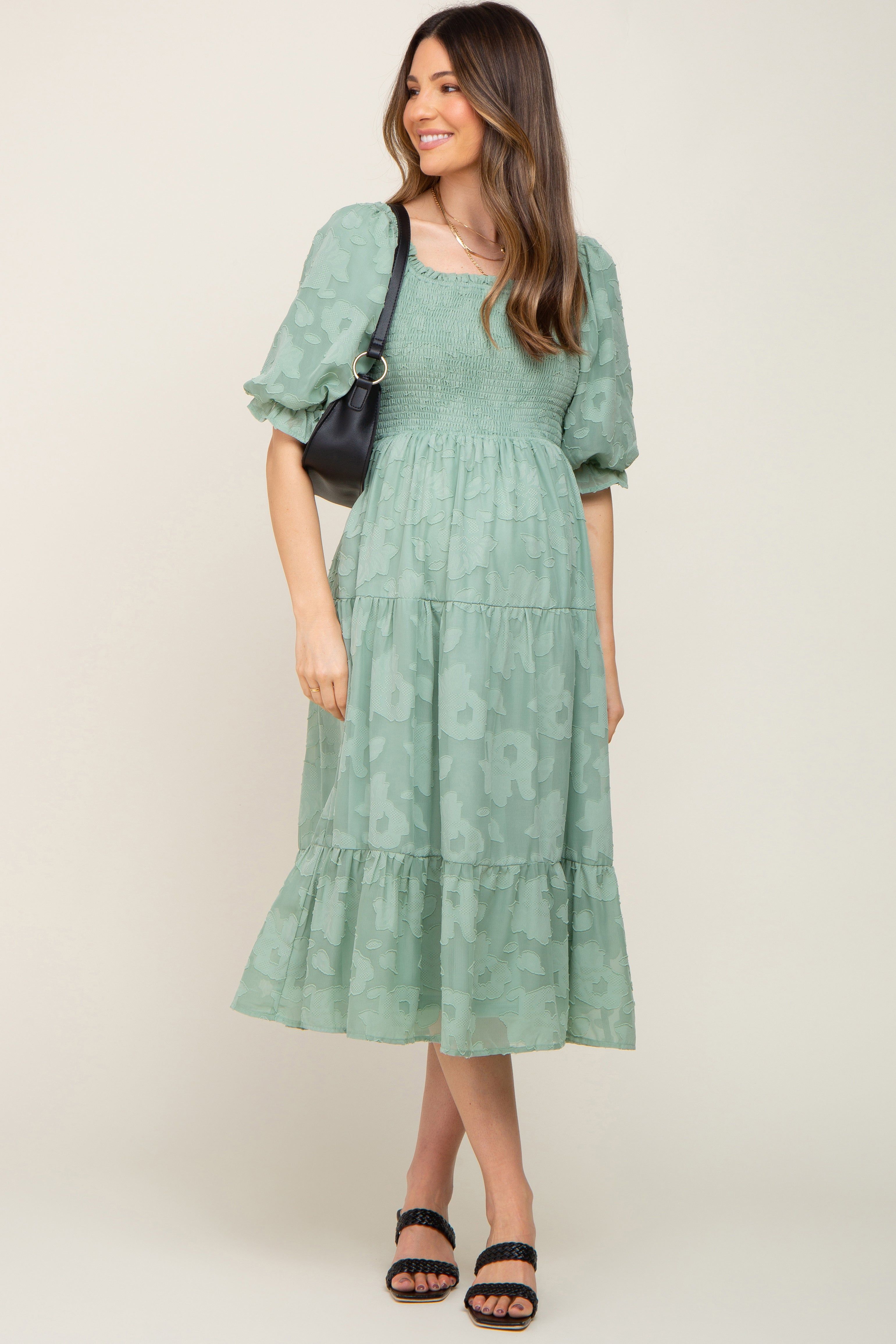 Sage Floral Textured Tiered Maternity Midi Dress sold by Pinkblush