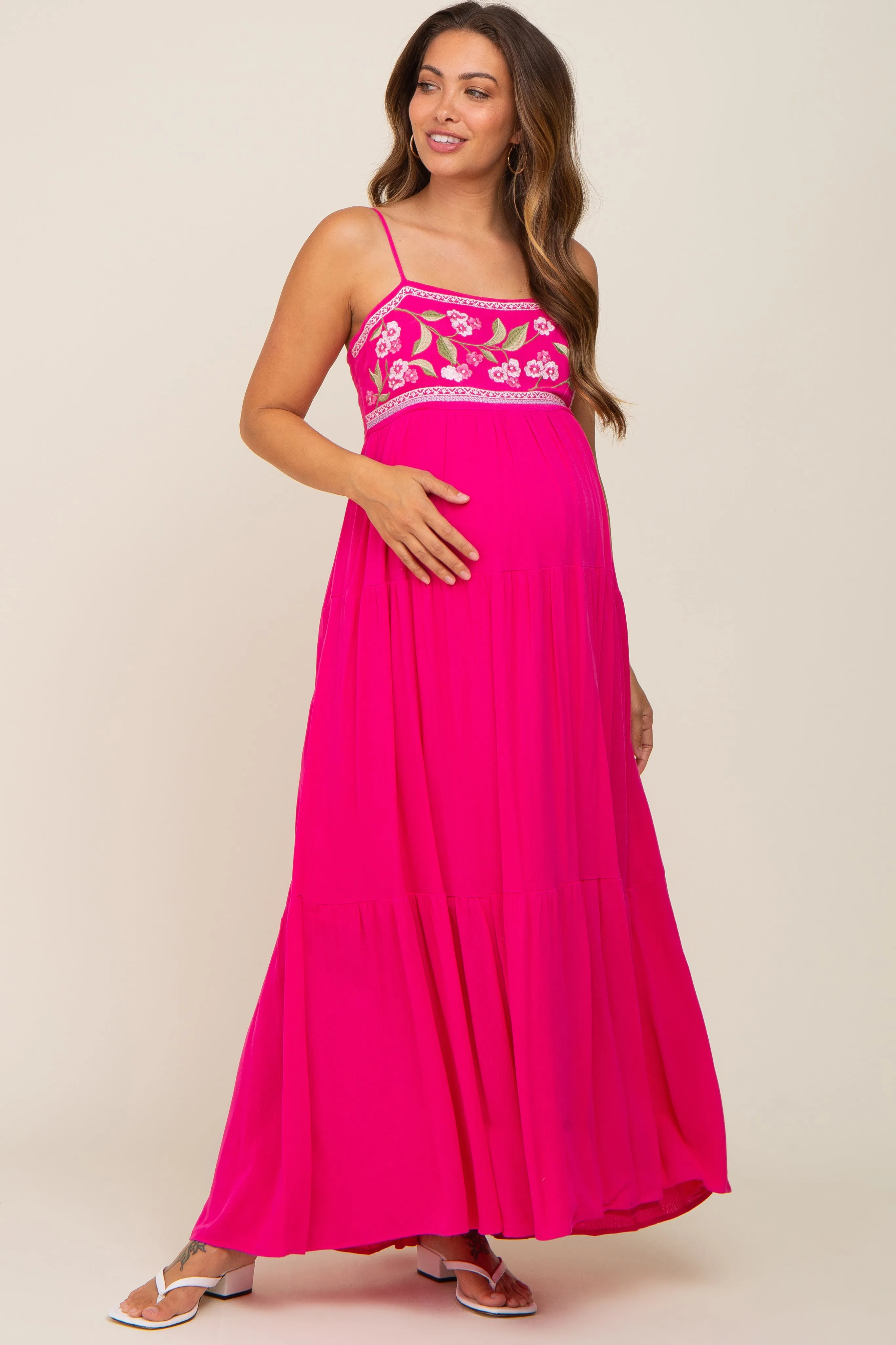 Magenta Floral Embroidery Maternity Maxi Dress sold by Pinkblush