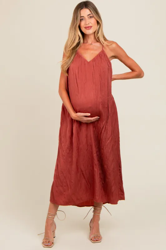Rust Crinkle V-Neck Cross Back Maternity Midi Dress sold by Pinkblush