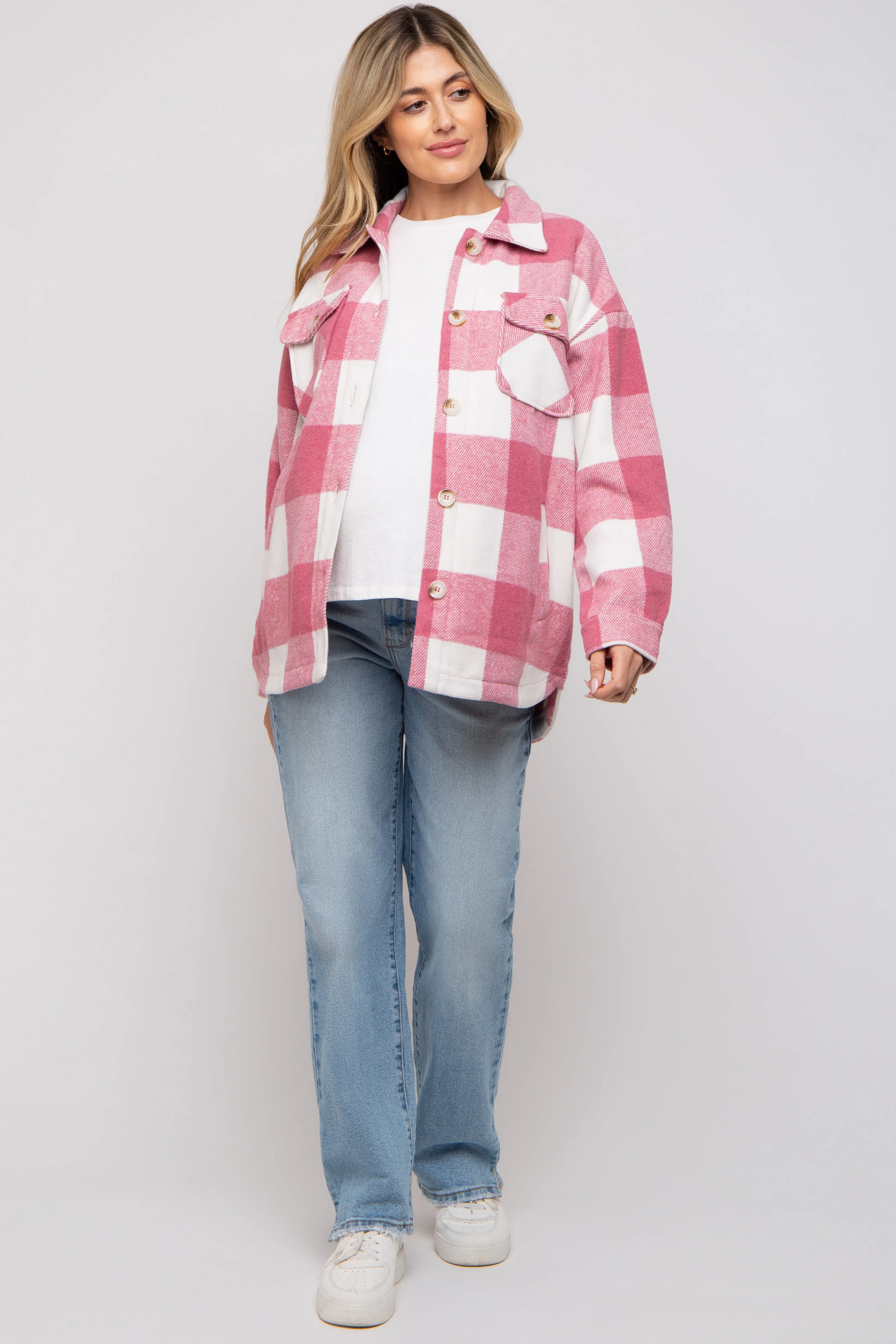 Pink Plaid Brushed Long Maternity Shacket sold by Pinkblush product image thumbnail 4
