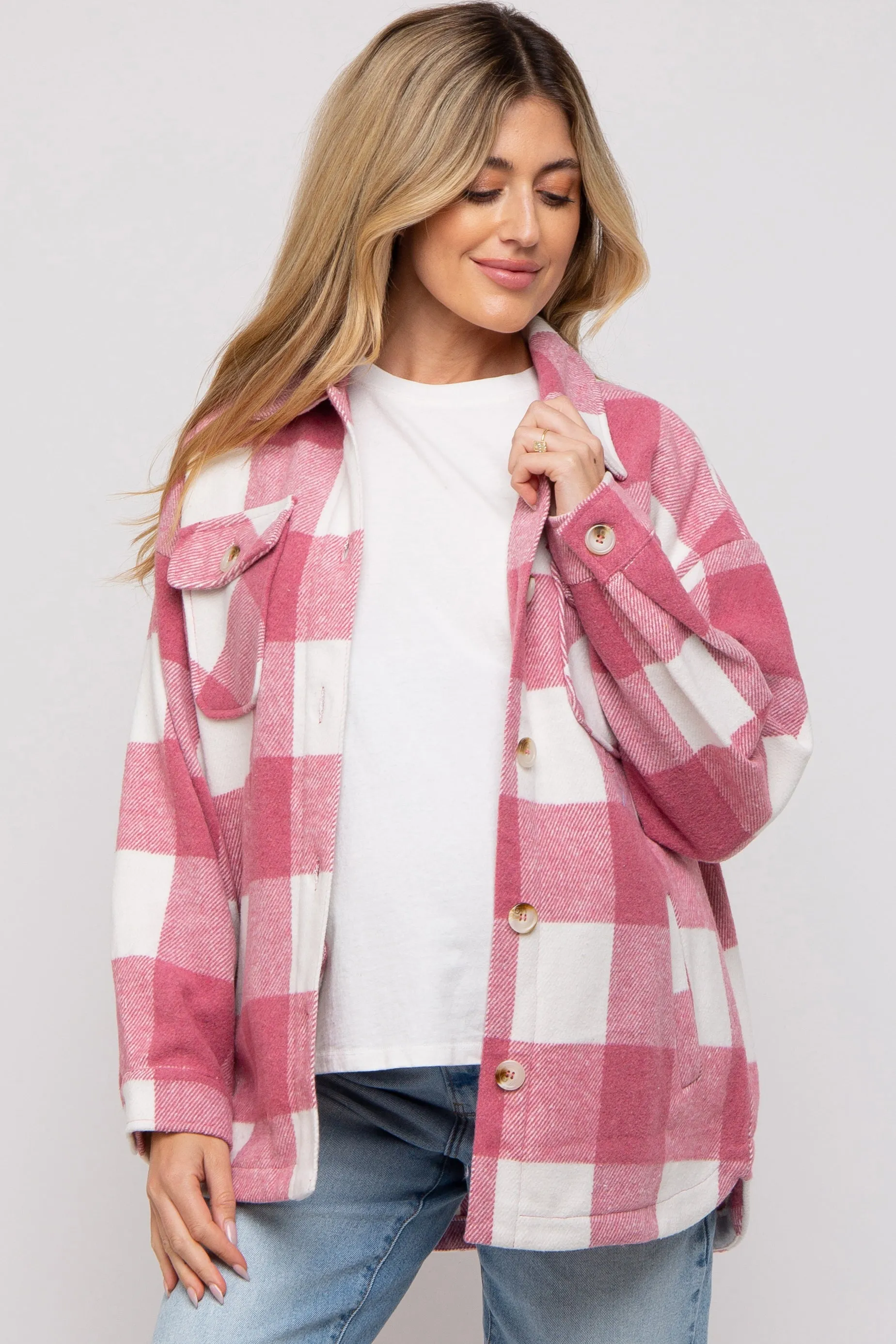 Pink Plaid Brushed Long Maternity Shacket sold by Pinkblush