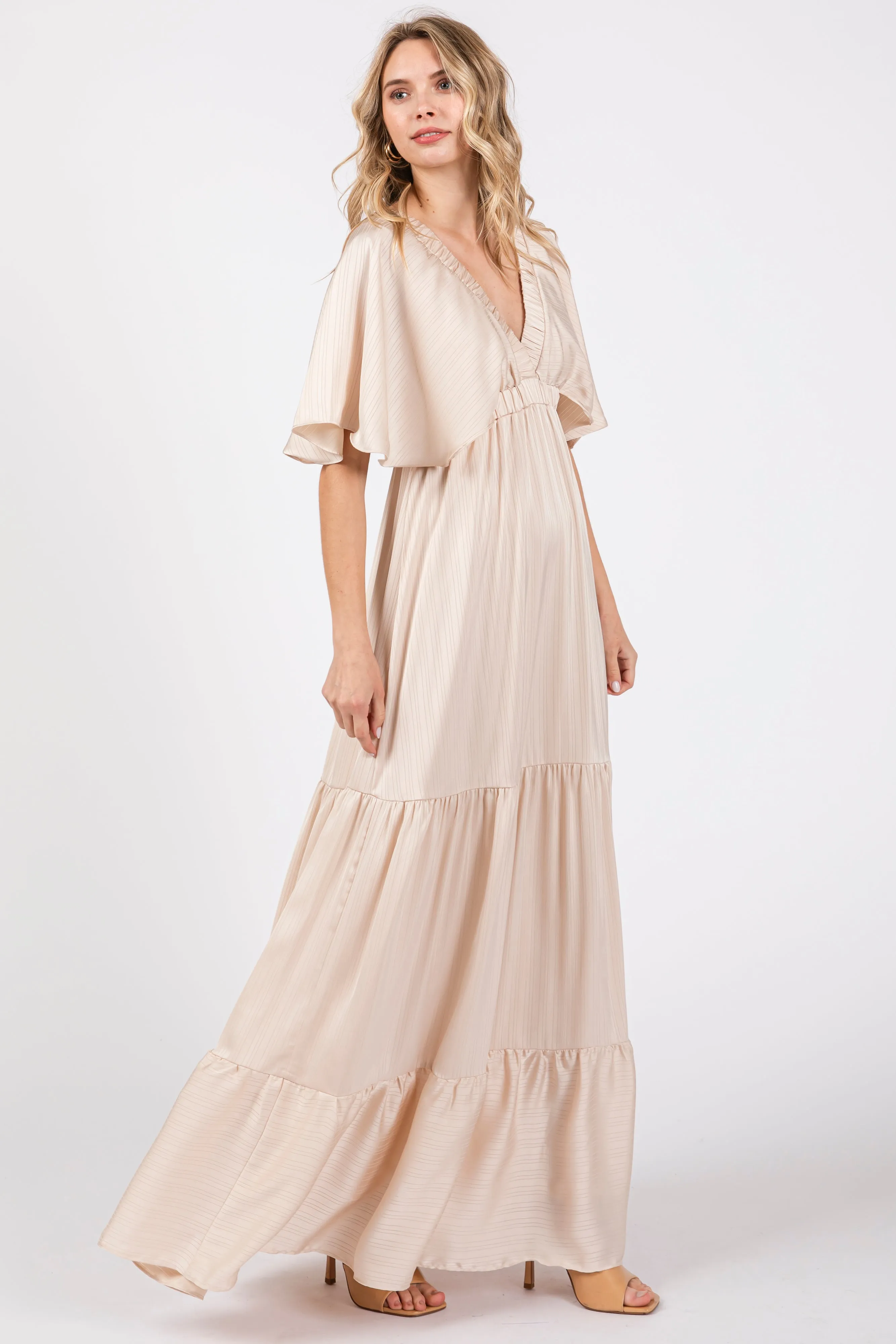 Beige V-Neck Flutter Sleeve Tiered Maxi Dress sold by Pinkblush product image thumbnail 2