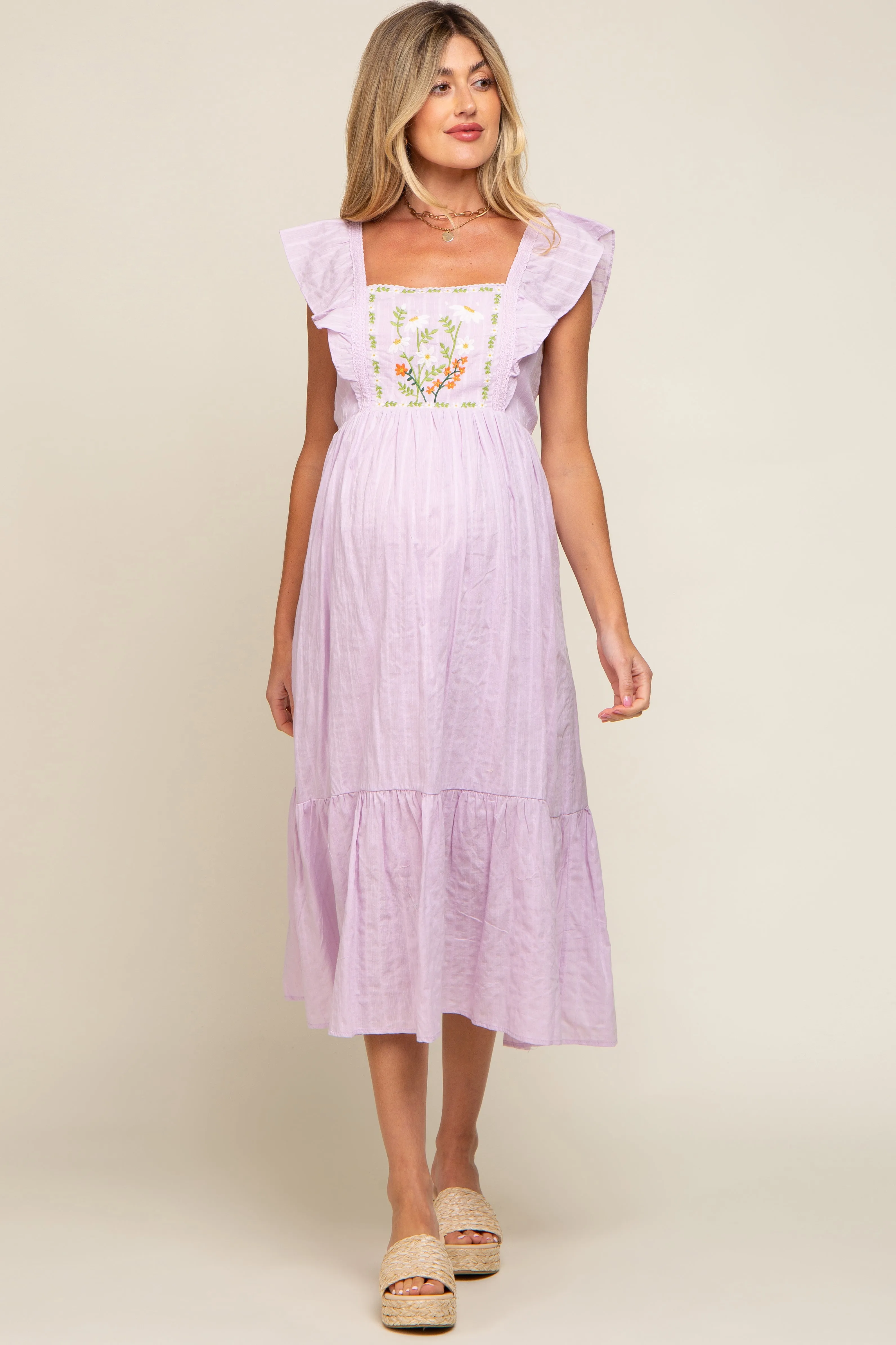 Lavender Floral Embroidered Tie Back Maternity Midi Dress sold by Pinkblush