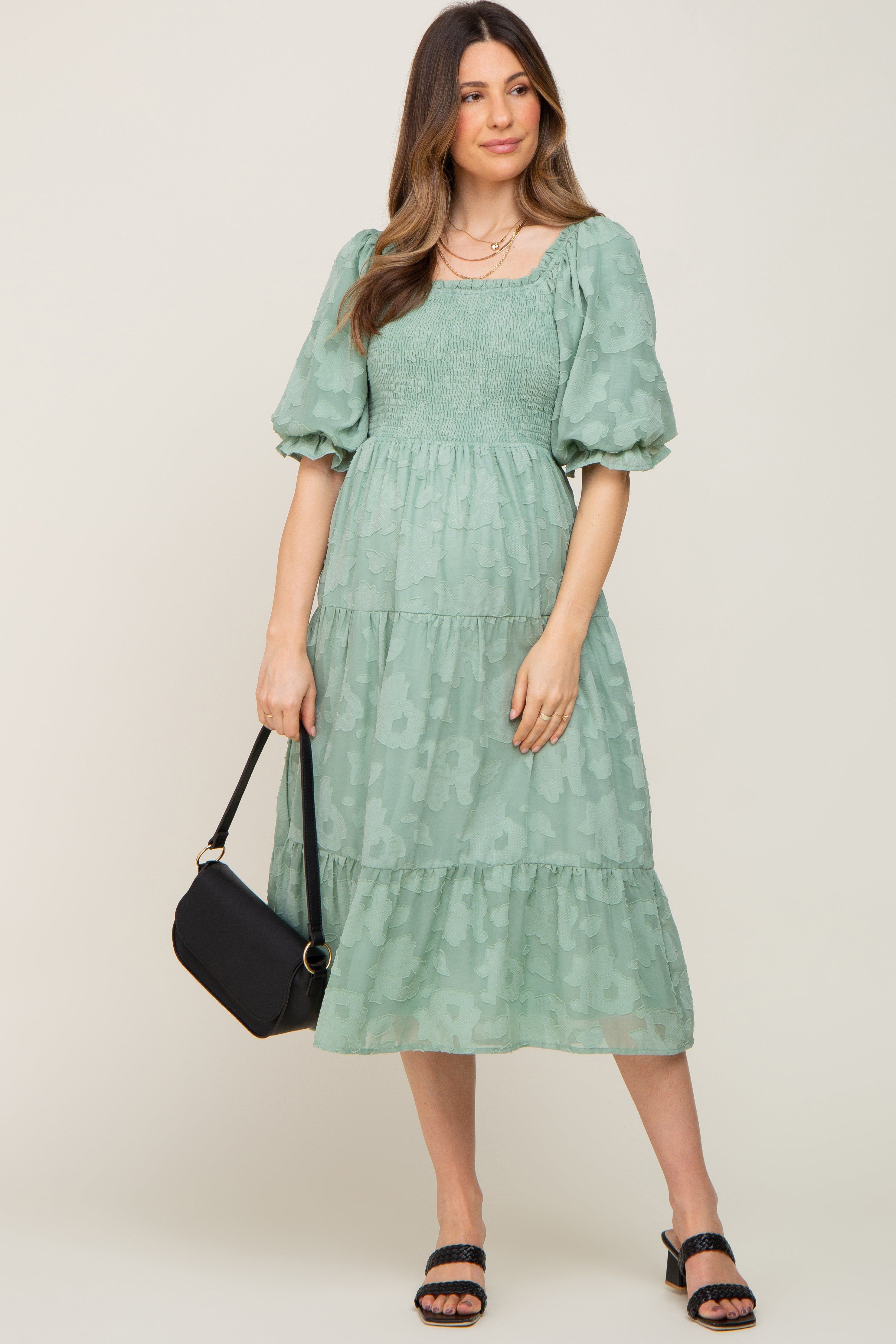 Sage Floral Textured Tiered Maternity Midi Dress sold by Pinkblush product image thumbnail 5