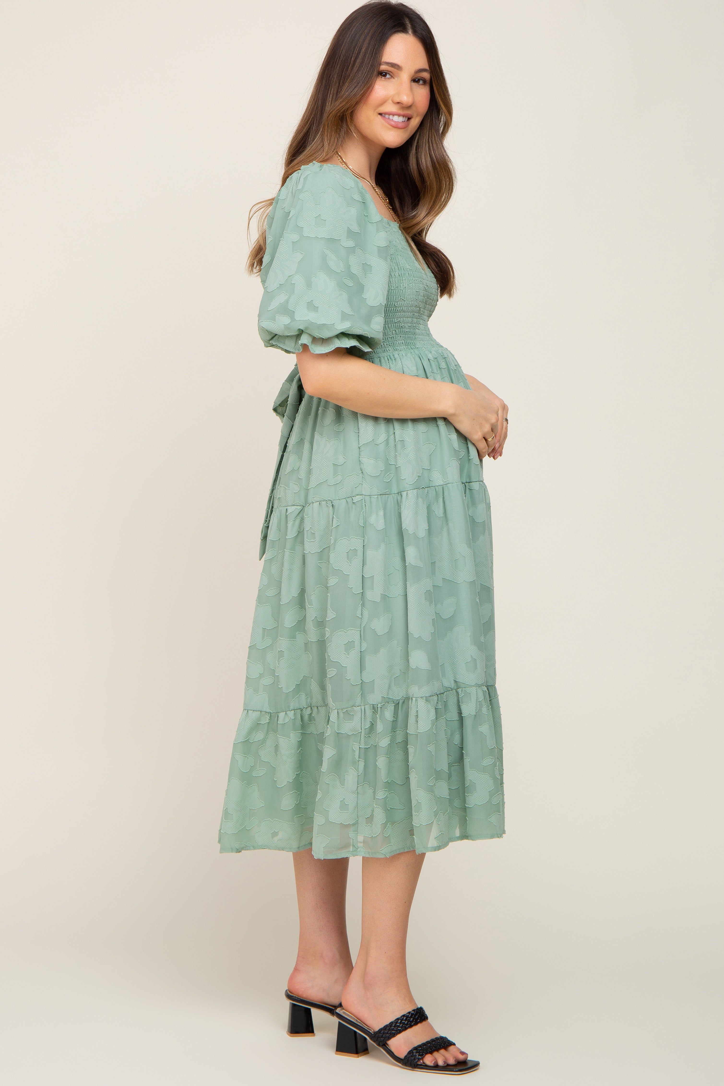Sage Floral Textured Tiered Maternity Midi Dress sold by Pinkblush product image thumbnail 2