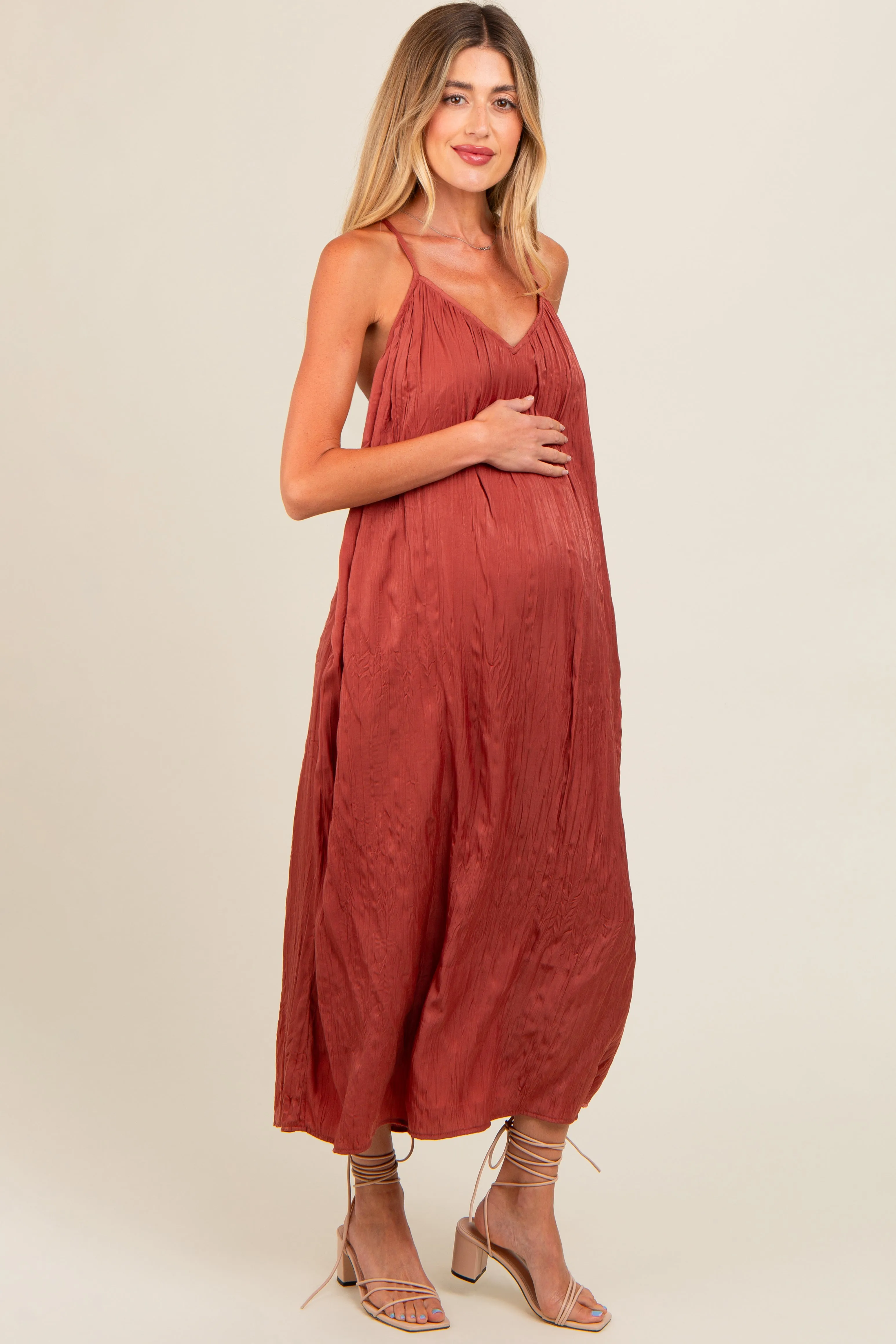 Rust Crinkle V-Neck Cross Back Maternity Midi Dress sold by Pinkblush product image thumbnail 2
