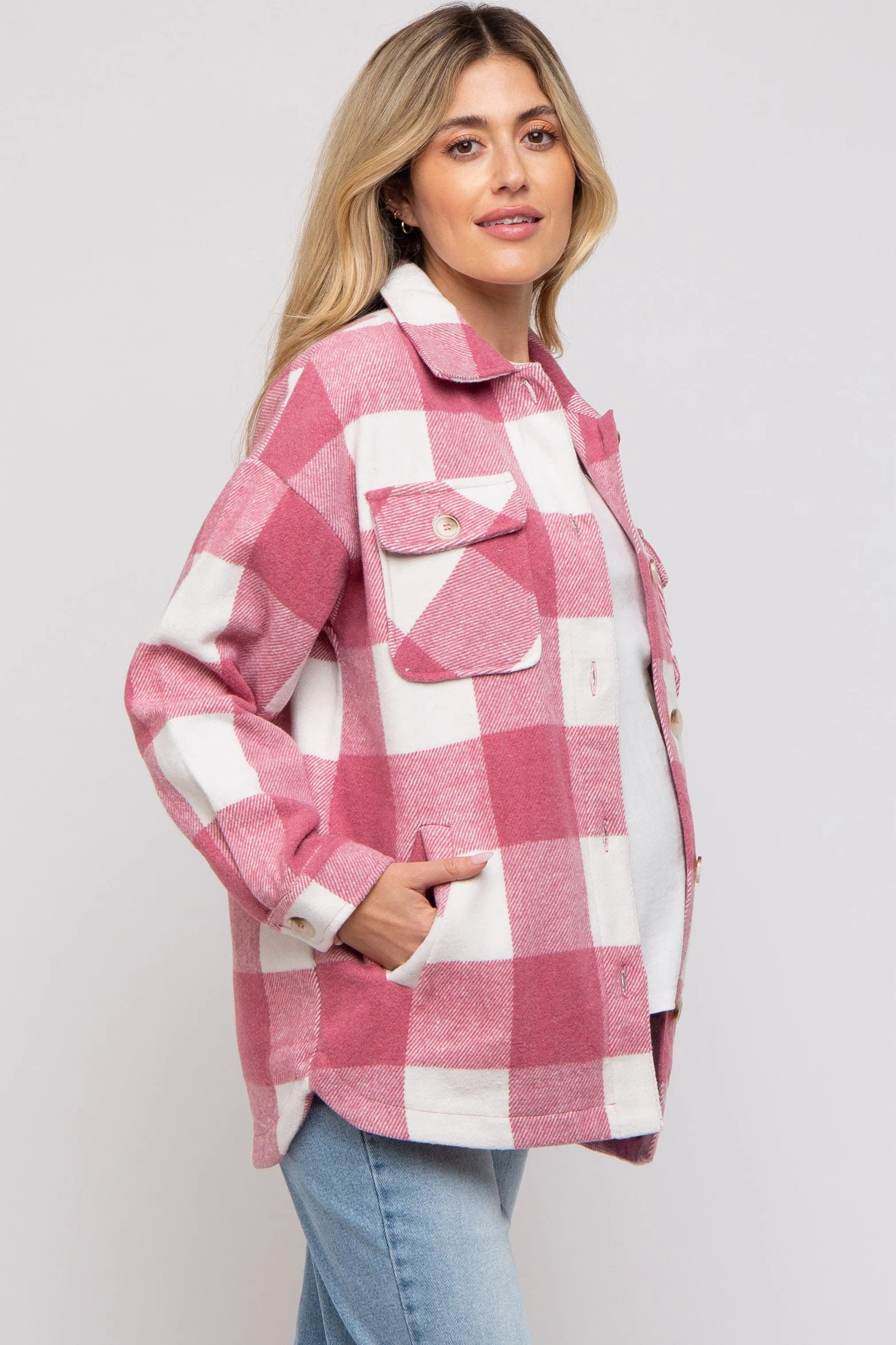 Pink Plaid Brushed Long Maternity Shacket sold by Pinkblush product image thumbnail 2