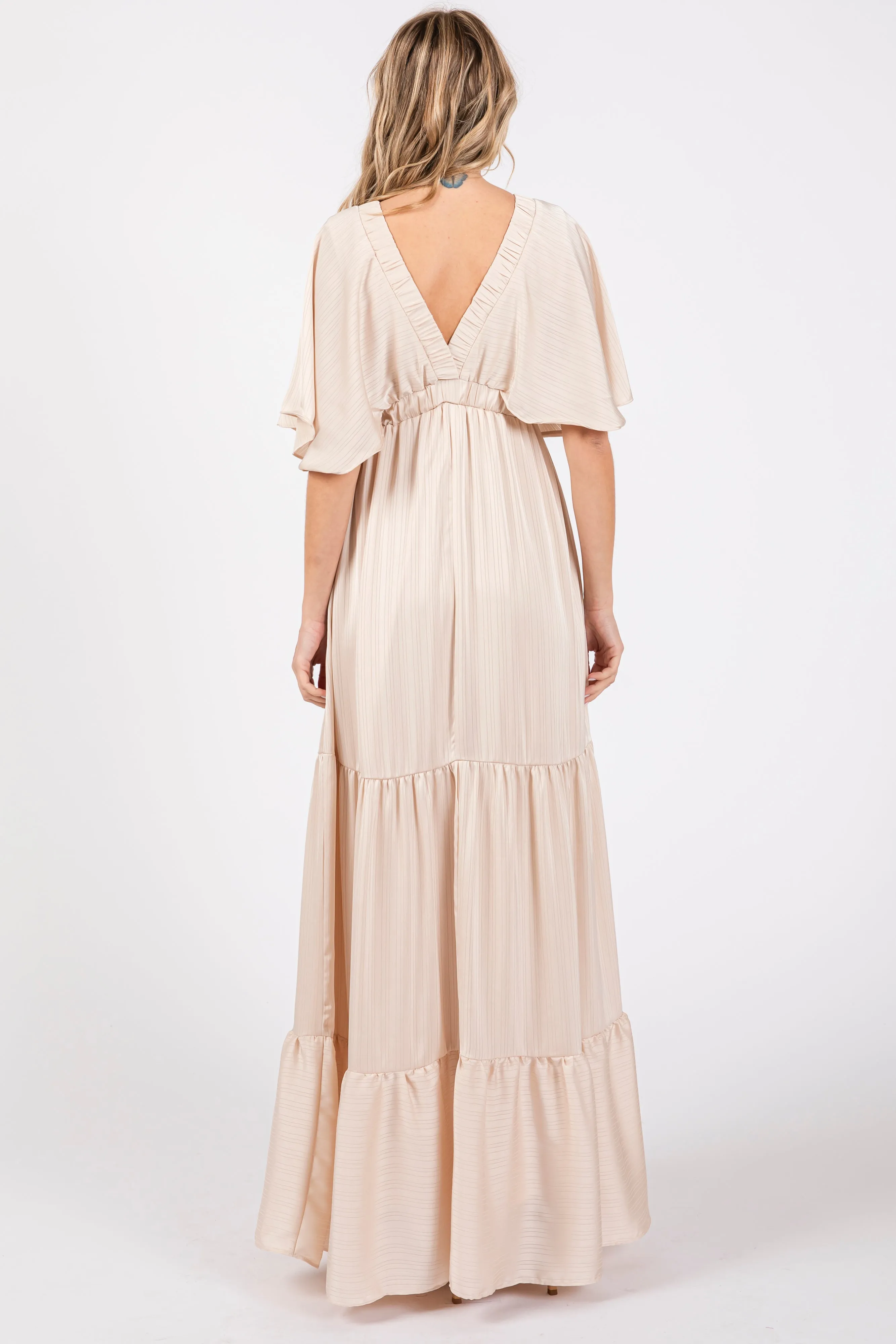 Beige V-Neck Flutter Sleeve Tiered Maxi Dress sold by Pinkblush product image thumbnail 3