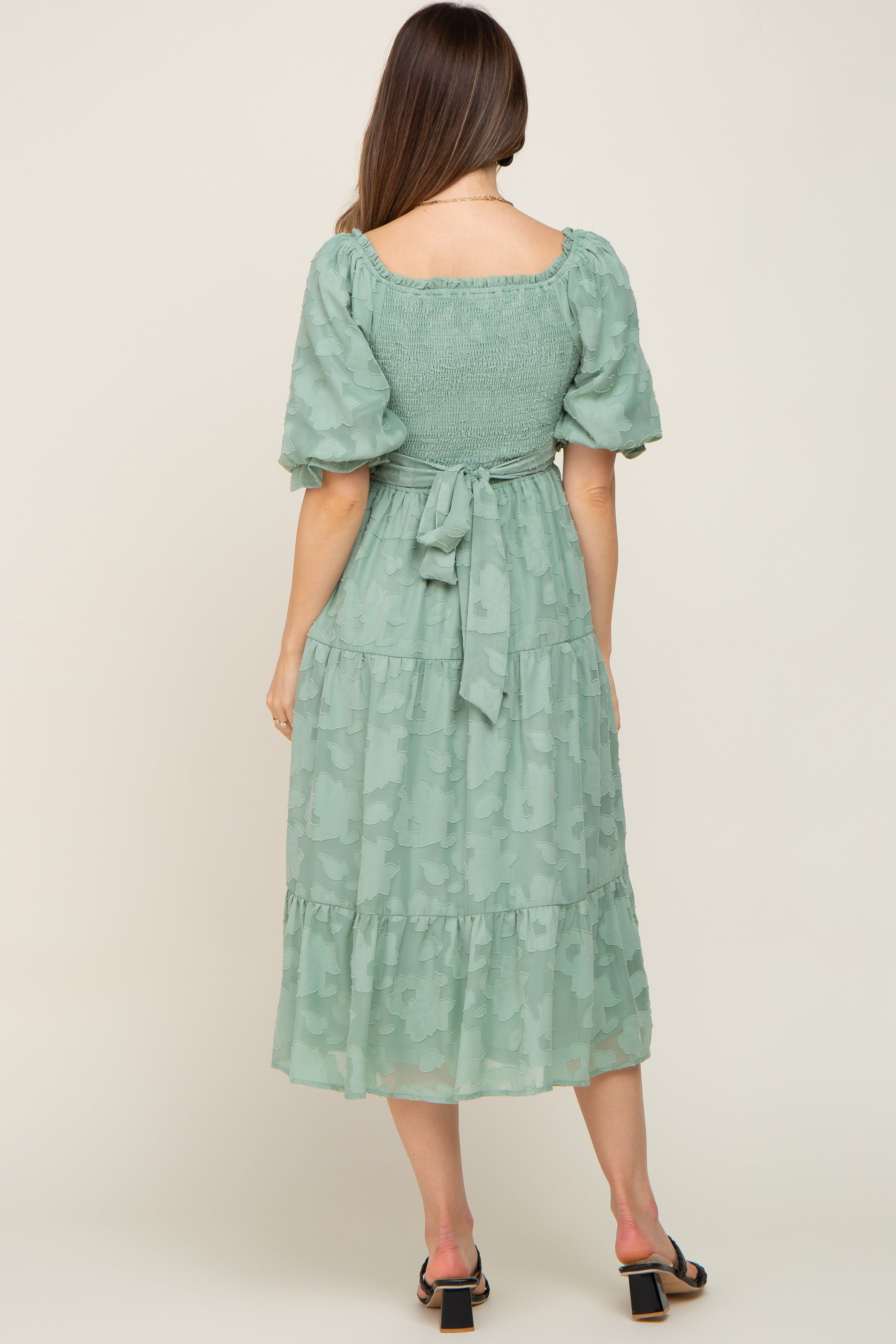 Sage Floral Textured Tiered Maternity Midi Dress sold by Pinkblush product image thumbnail 3