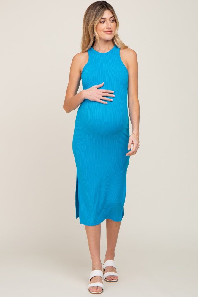 Blue Ribbed Sleeveless Side Slit Maternity Midi Dress sold by Pinkblush product image thumbnail 4