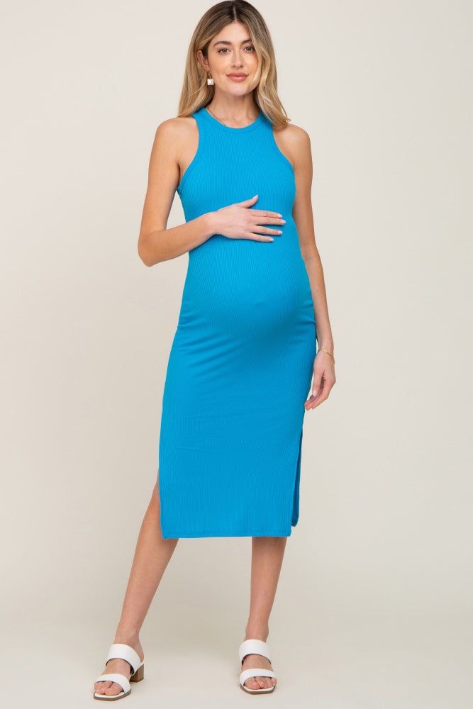 Blue Ribbed Sleeveless Side Slit Maternity Midi Dress sold by Pinkblush