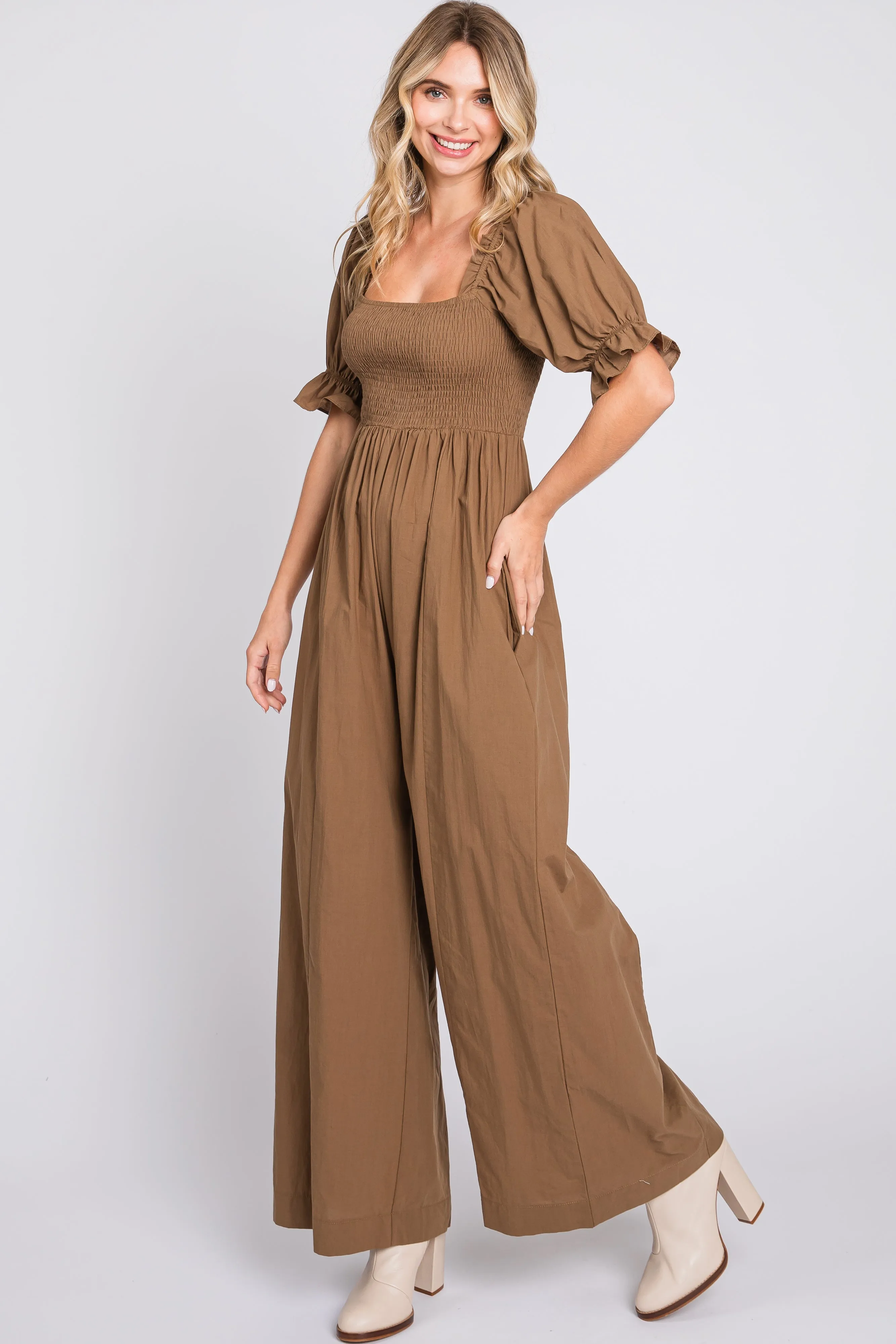 Brown Smocked Square Neck Wide Leg Maternity Jumpsuit sold by Pinkblush product image thumbnail 4