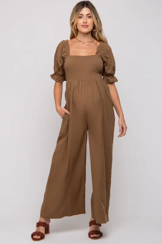 Brown Smocked Square Neck Wide Leg Maternity Jumpsuit sold by Pinkblush
