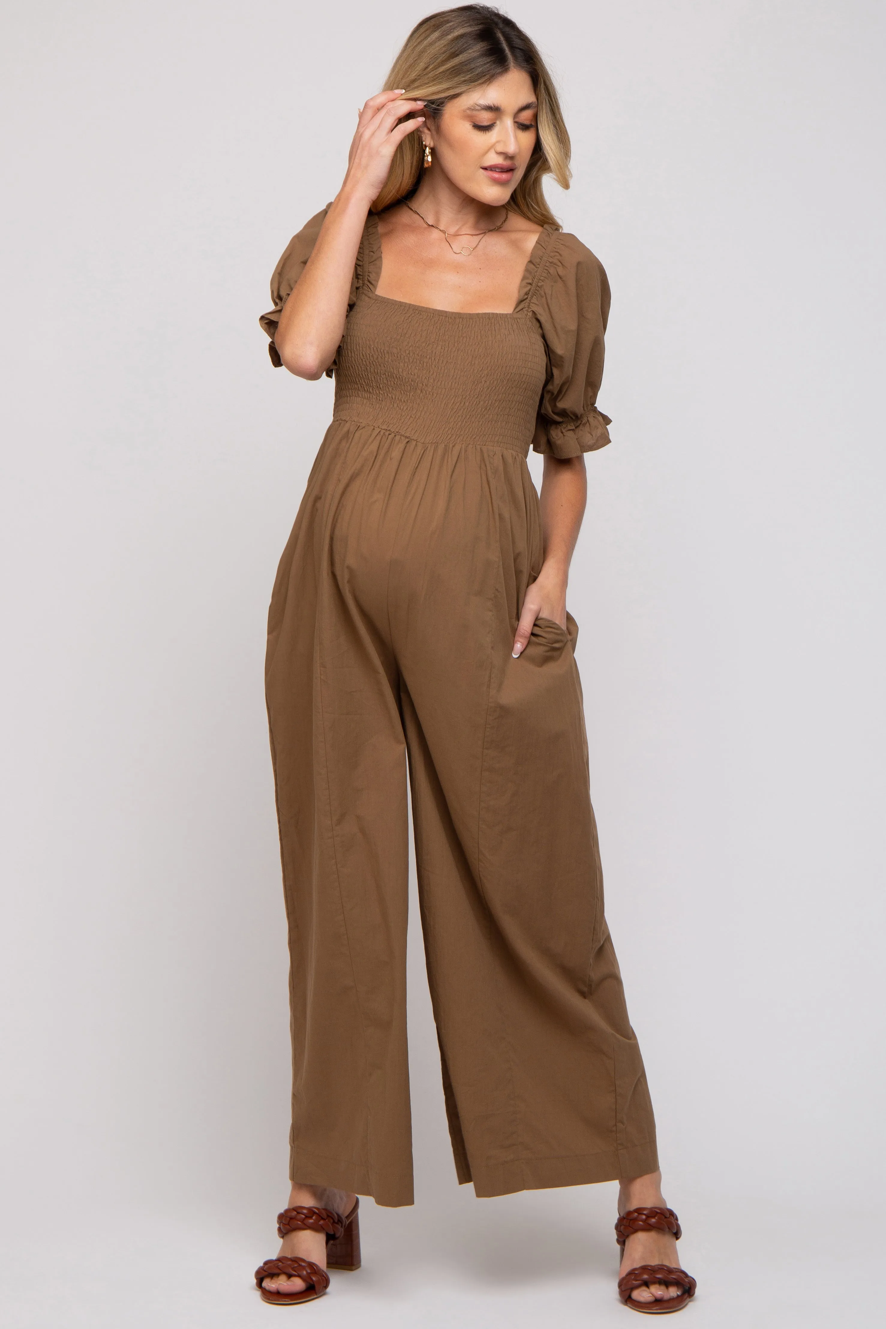 Brown Smocked Square Neck Wide Leg Maternity Jumpsuit sold by Pinkblush product image thumbnail 2