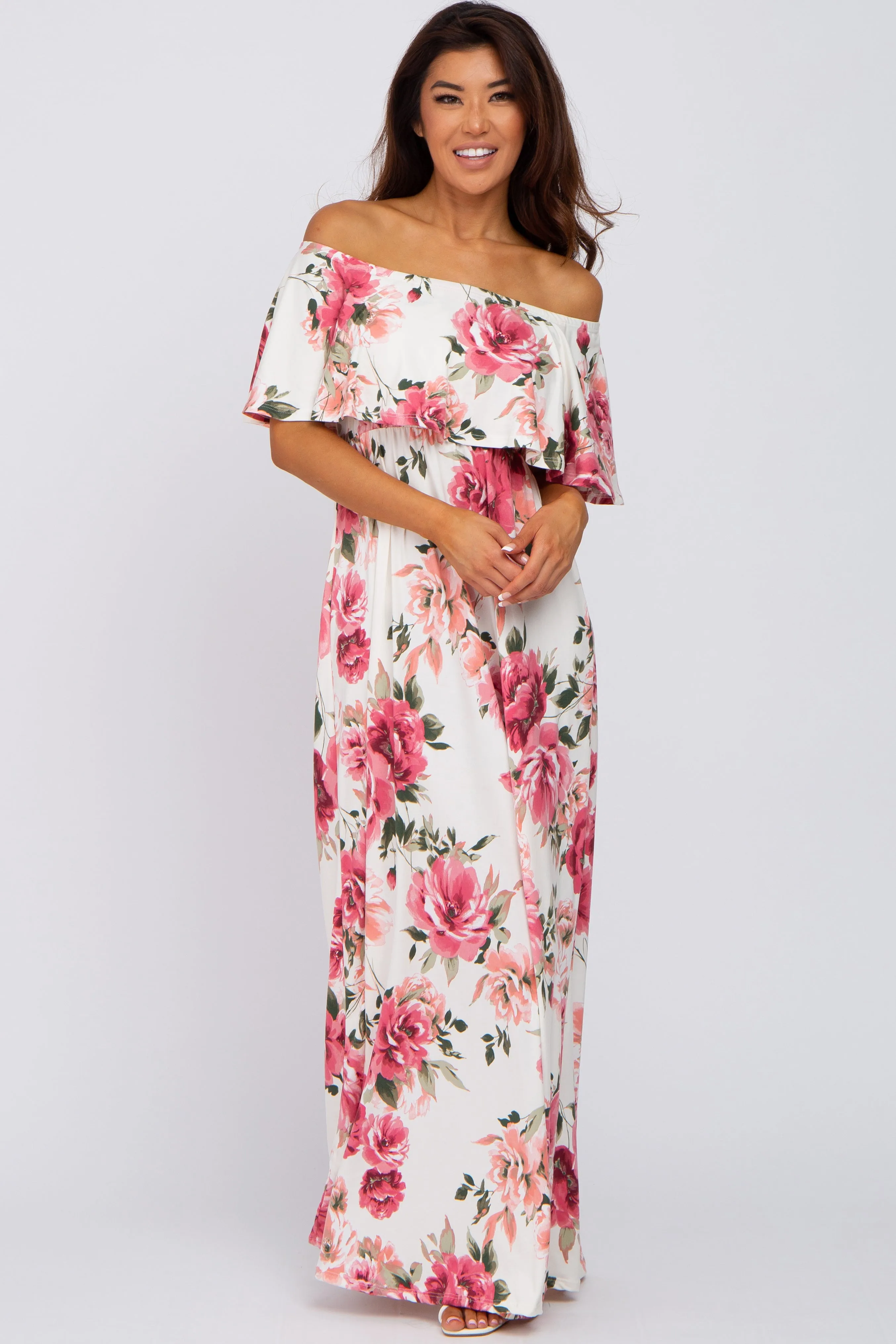 Ivory Floral Off Shoulder Flounce Maxi Dress sold by Pinkblush