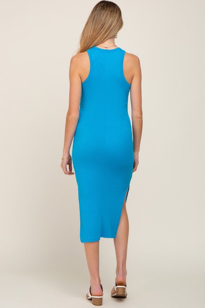 Blue Ribbed Sleeveless Side Slit Maternity Midi Dress sold by Pinkblush product image thumbnail 3