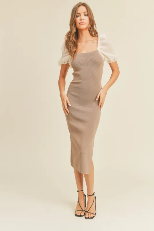 Mocha Rib Knit Contrast Puff Sleeve Midi Dress sold by Pinkblush