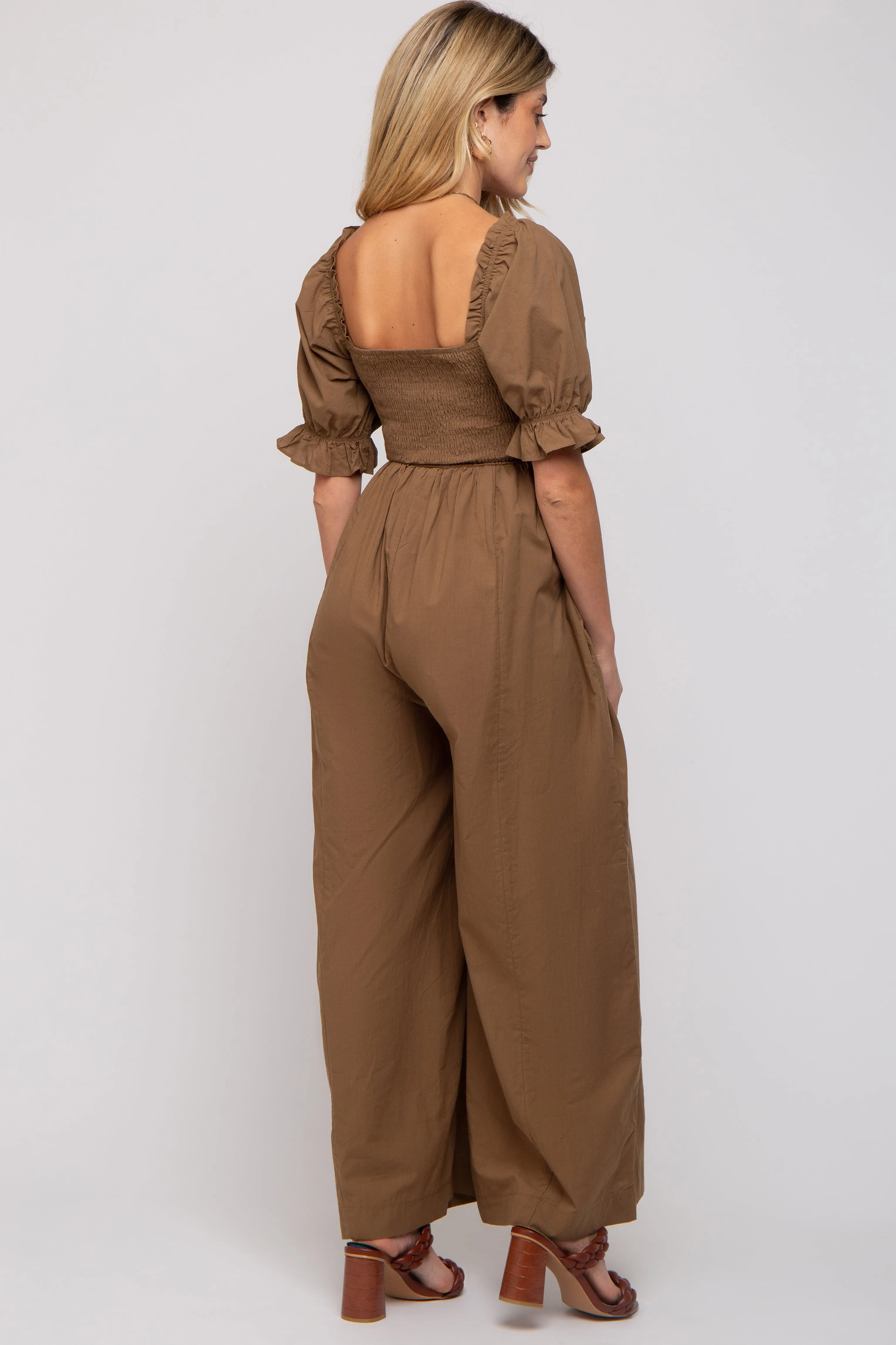 Brown Smocked Square Neck Wide Leg Maternity Jumpsuit sold by Pinkblush product image thumbnail 3