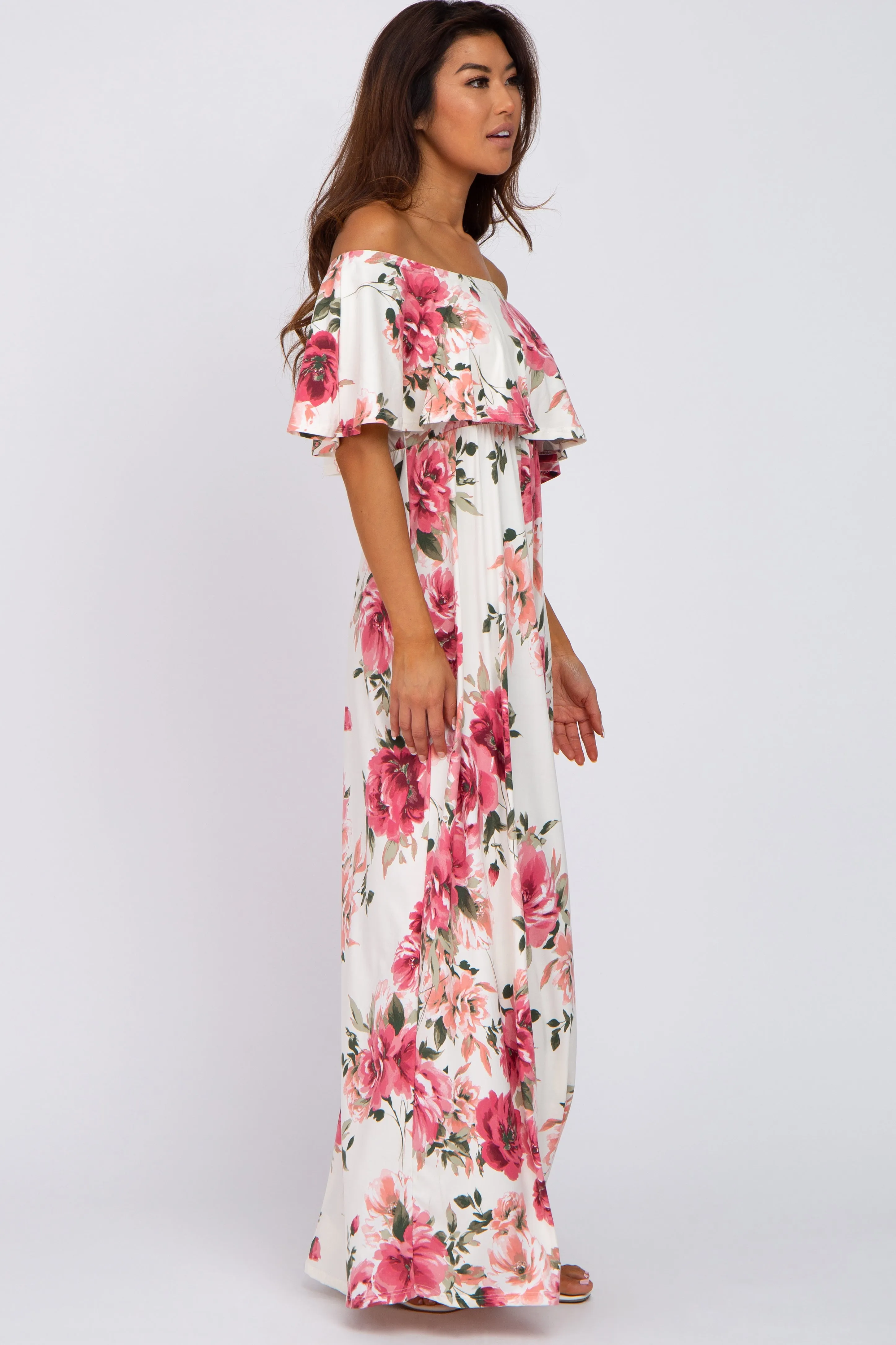Ivory Floral Off Shoulder Flounce Maxi Dress sold by Pinkblush product image thumbnail 2