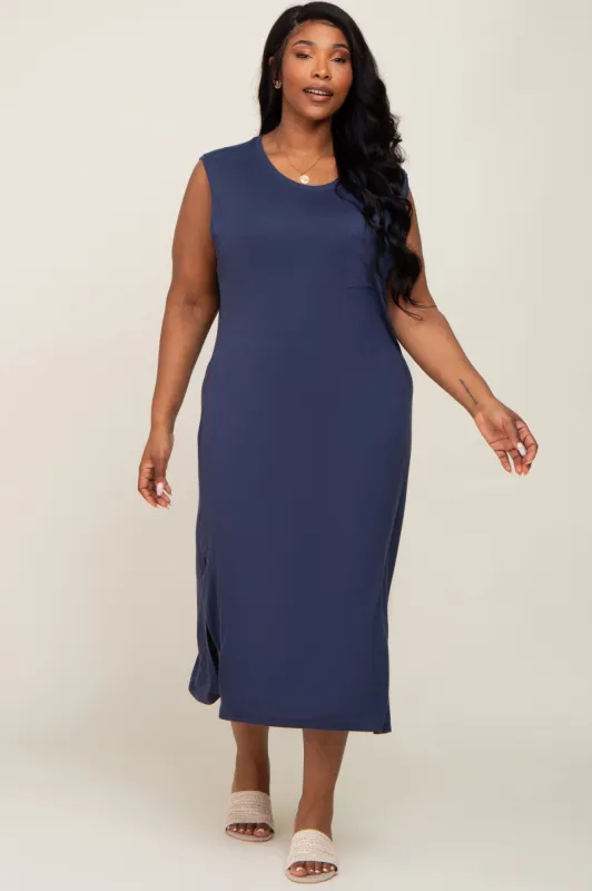 Navy Sleeveless Front Pocket Plus Midi Dress sold by Pinkblush