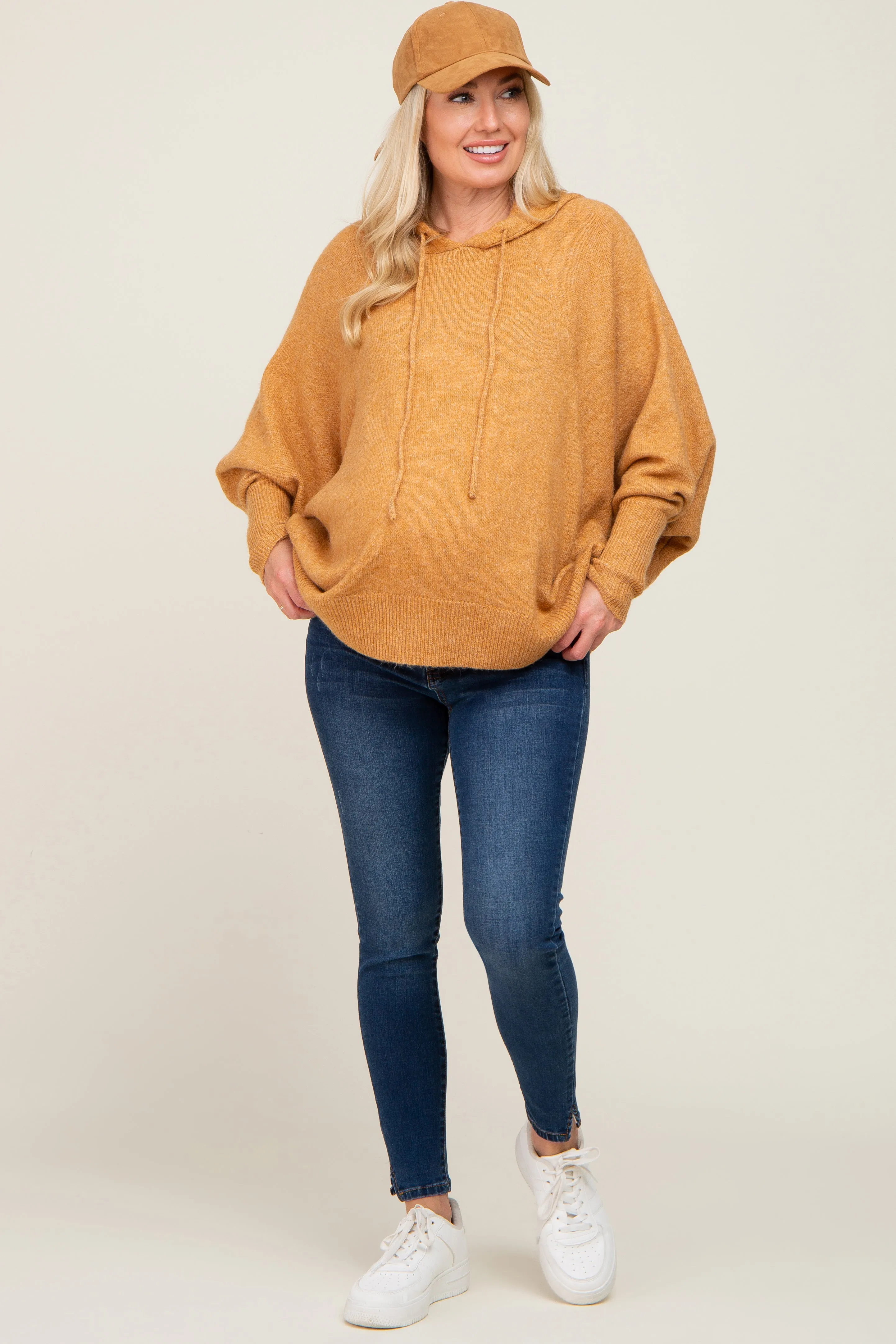 Camel Soft Knit Drawstring Maternity Hoodie sold by Pinkblush