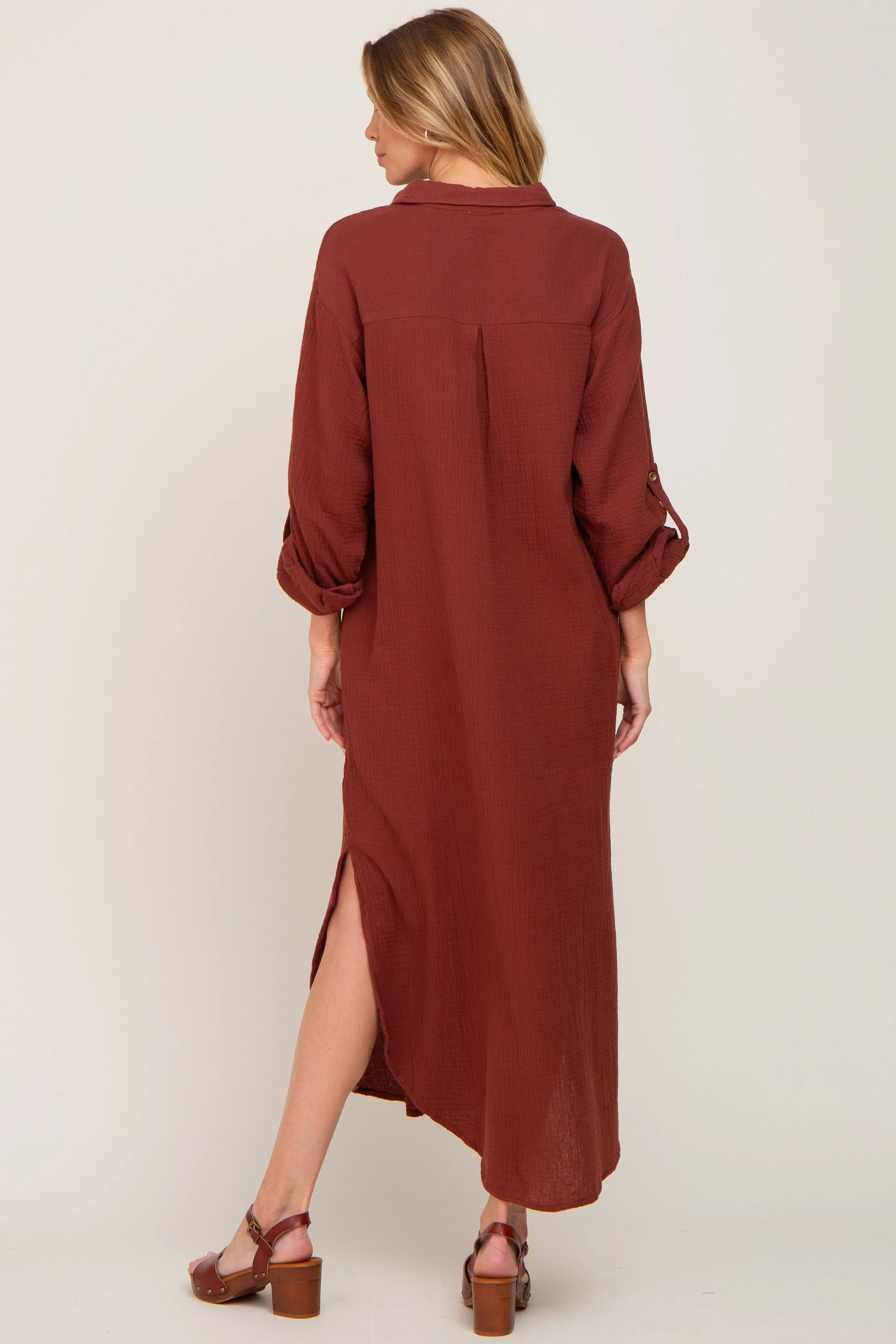 Rust Button Down 3/4 Sleeve Midi Dress sold by Pinkblush product image thumbnail 3