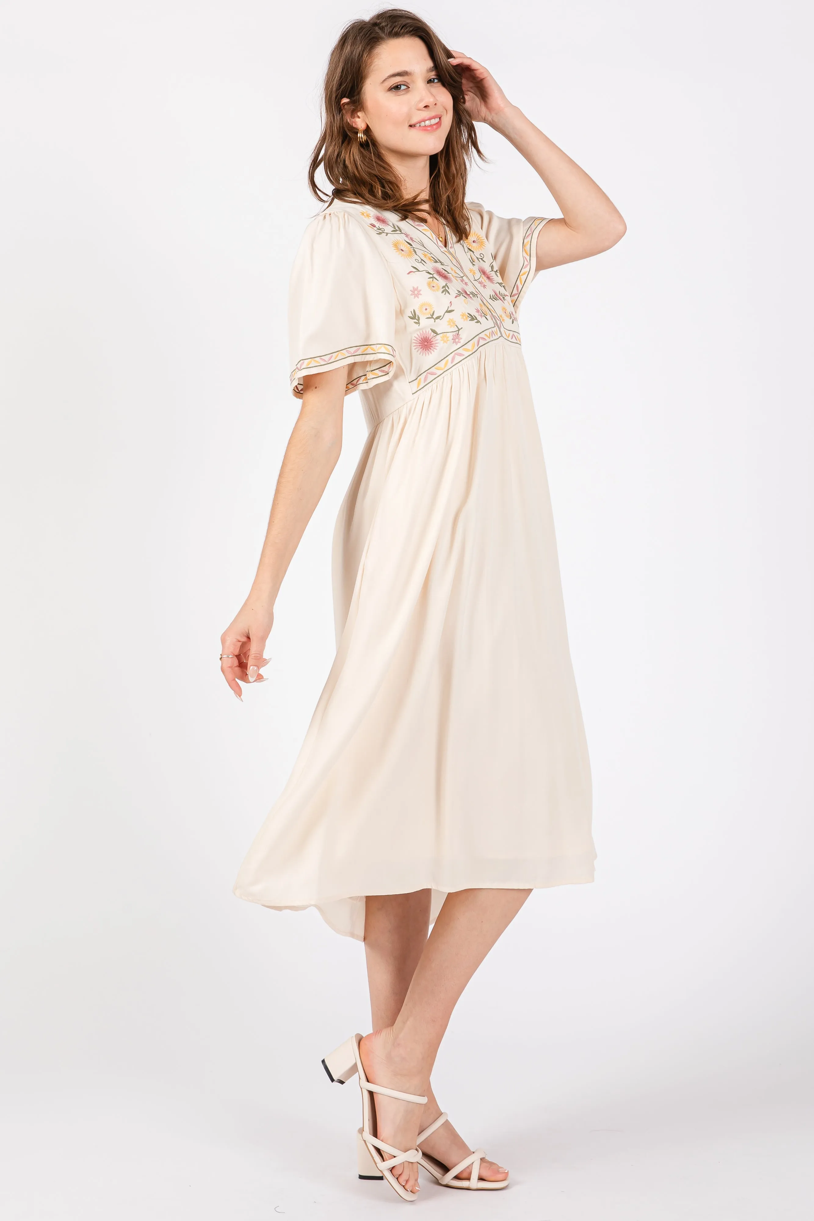 Cream Short Sleeve V-Neck Midi Dress sold by Pinkblush product image thumbnail 3