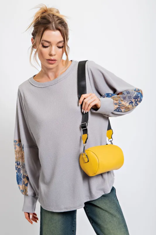 Grey Waffle Knit Contrast Sleeve Top sold by Pinkblush