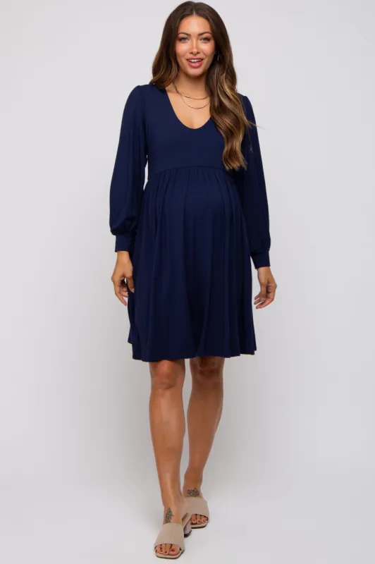 Navy Long Puff Sleeve Maternity Dress sold by Pinkblush