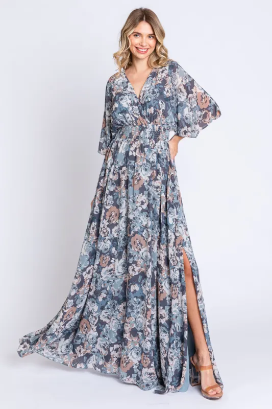 Blue Floral Wrap Front V-Neck Smocked Waist Maxi Dress sold by Pinkblush